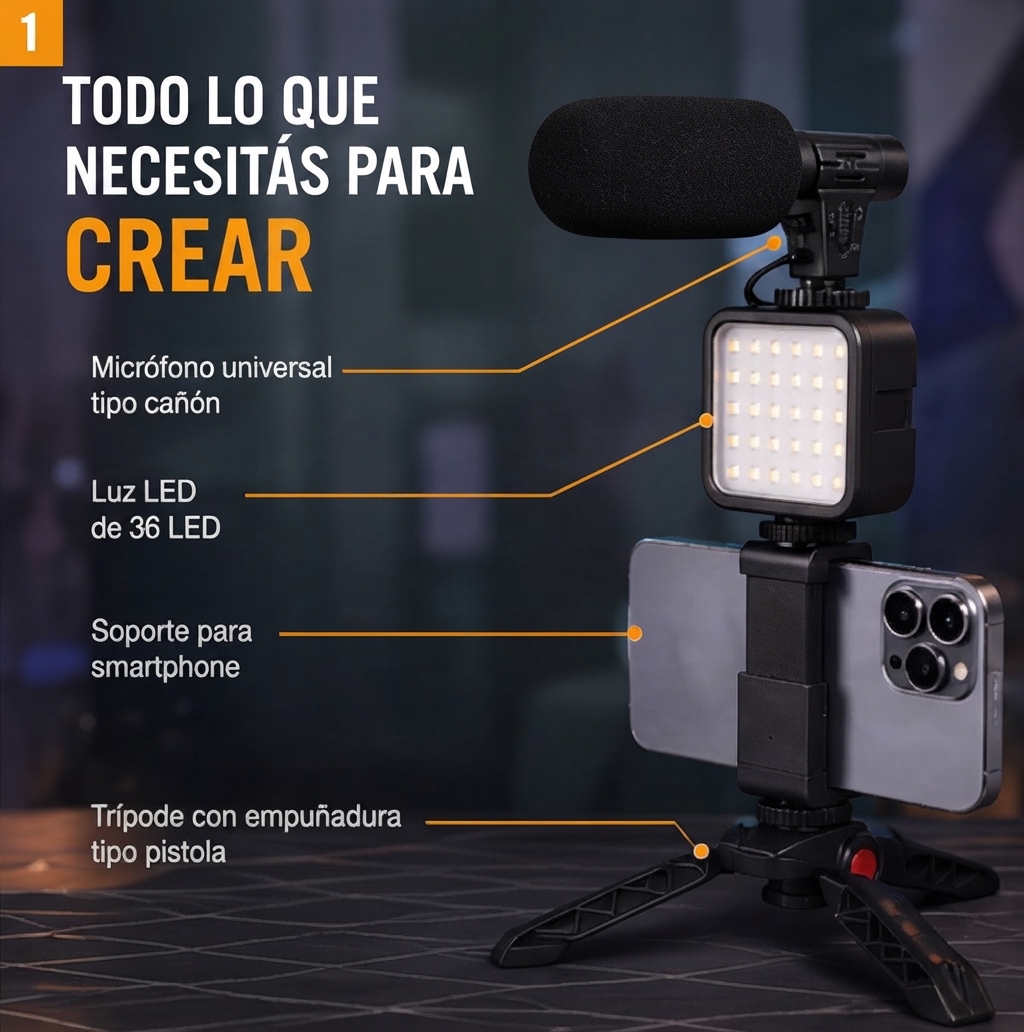 Kit Streaming Hügel Micrófono Luz Led Soporte Celular - Imagen 2