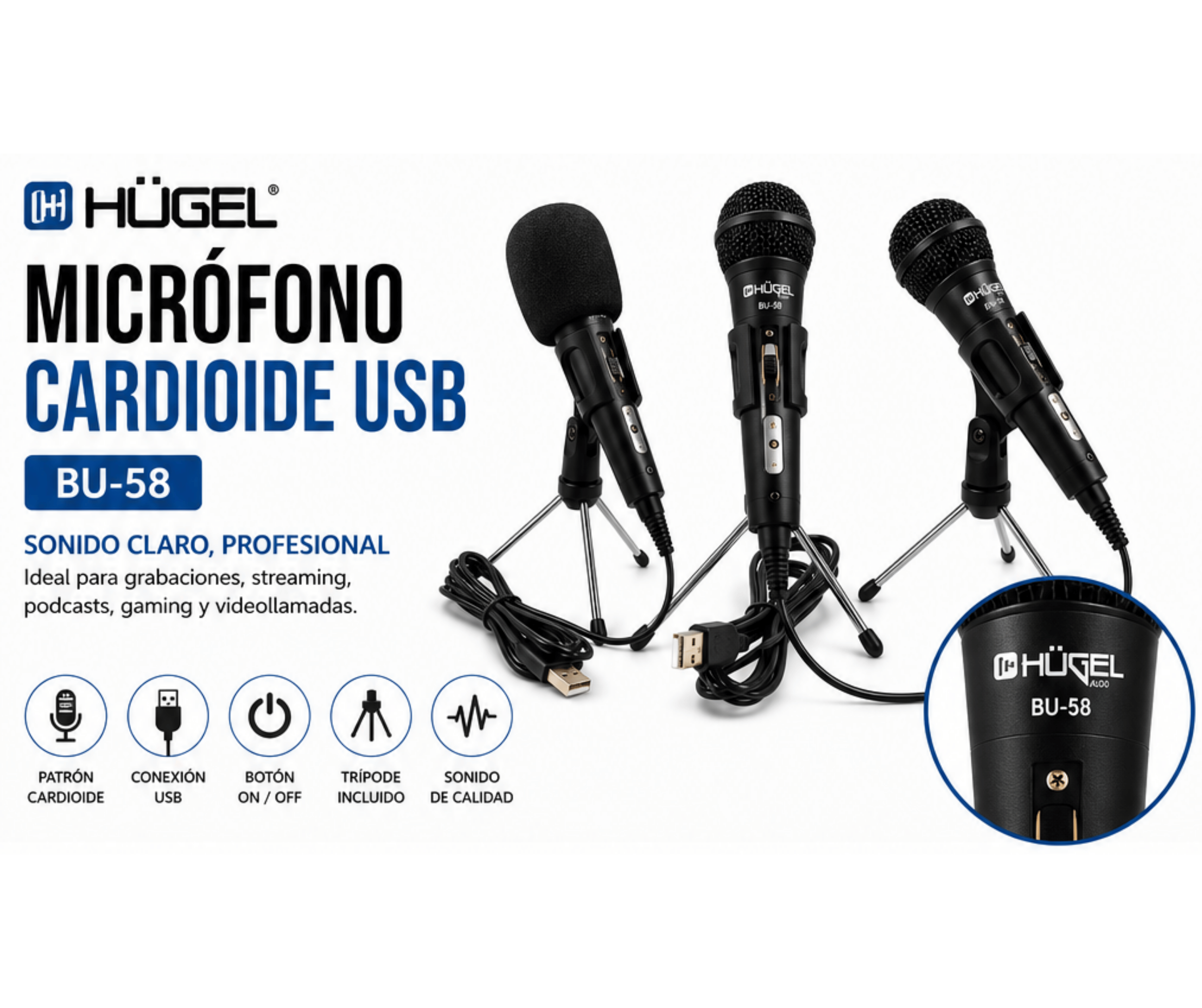 Micrófono Hügel Gaming Streaming Pc USB Trípode Bu-58 - Imagen 2