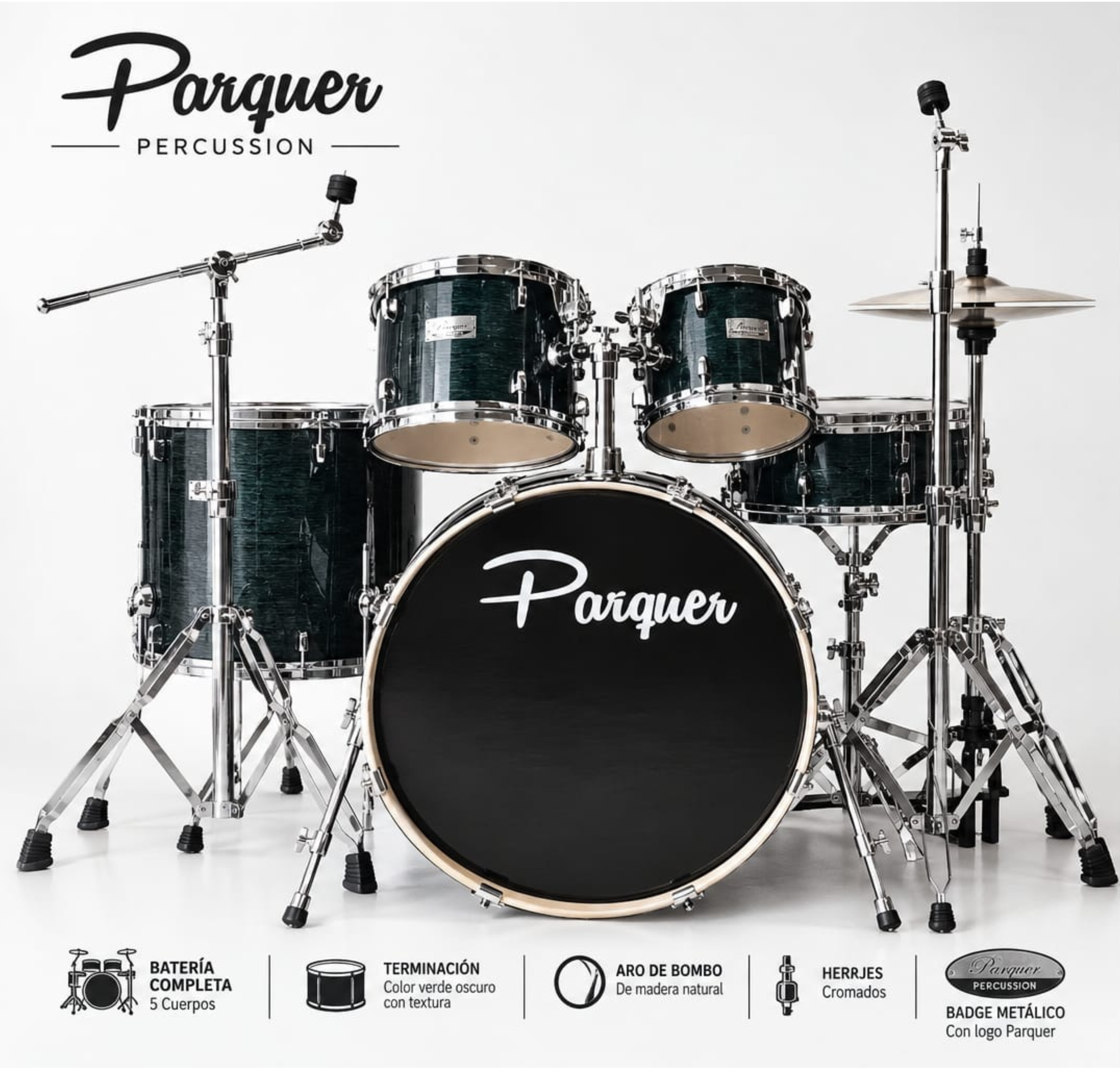 Bateria Mystic Parquer 5 Cuerpos Palillos Fierros Banqueta Negro Tabaco - Imagen 3