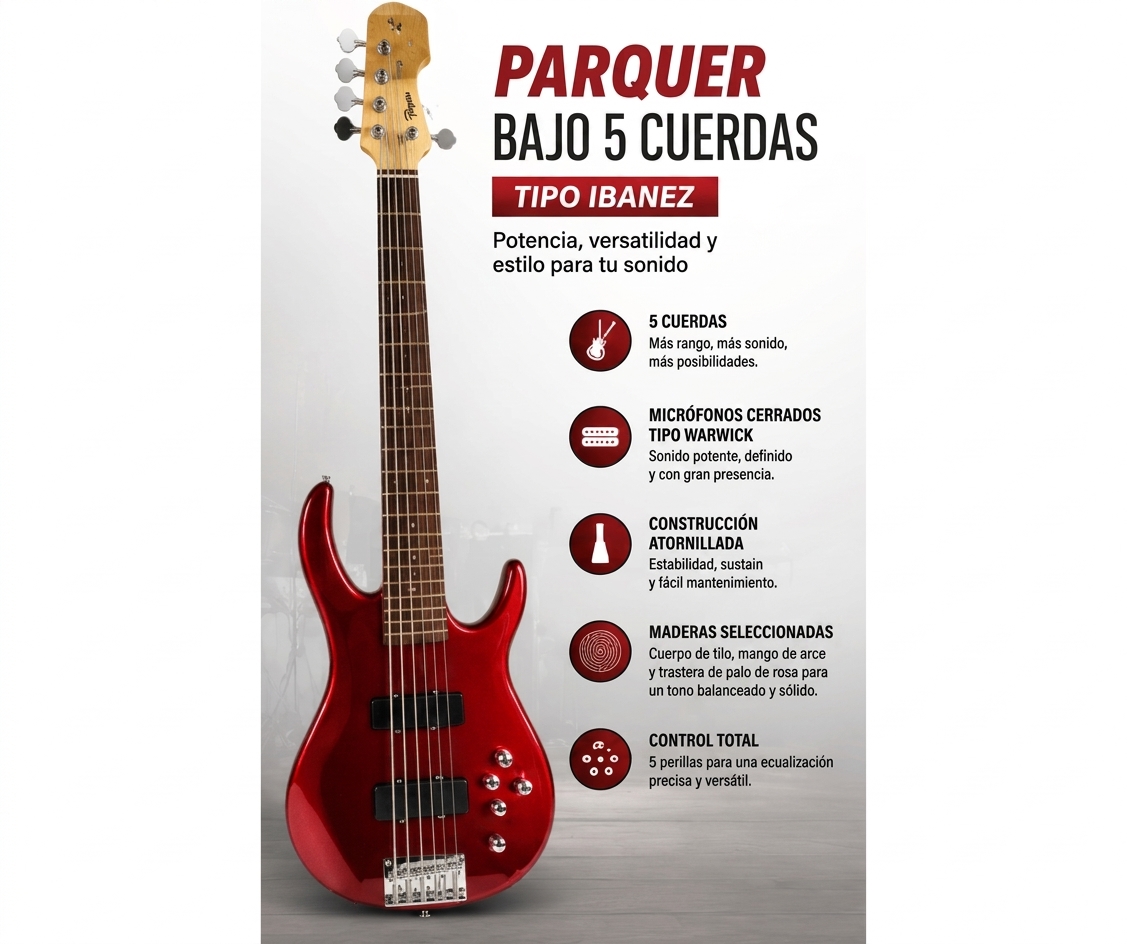 Bajo ElectRico Activo 5 Cuerdas Parquer Rojo con Funda - Imagen 2