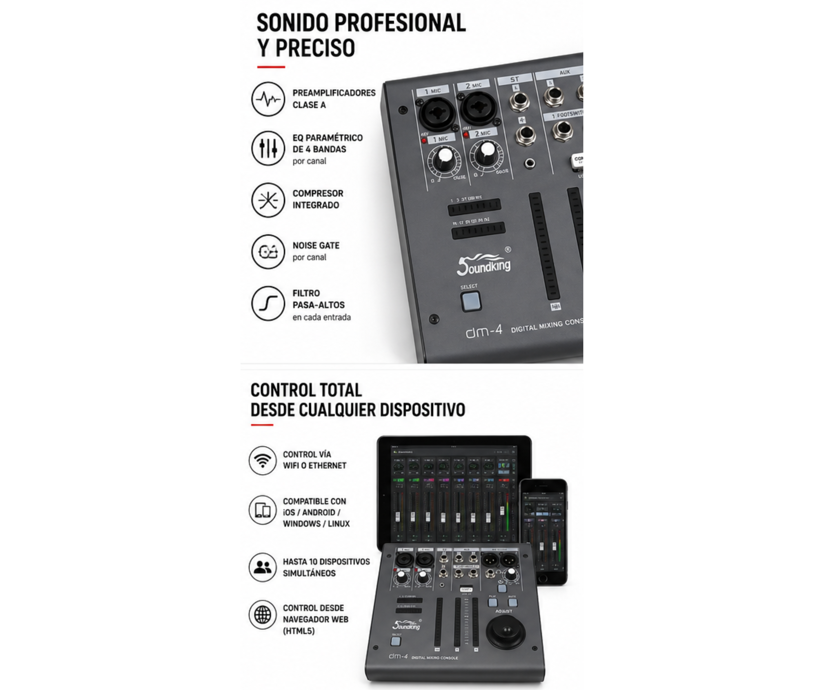 Consola Mixer Digital Soundking Dm-4 4 Canales USB P/ iPad - Imagen 4