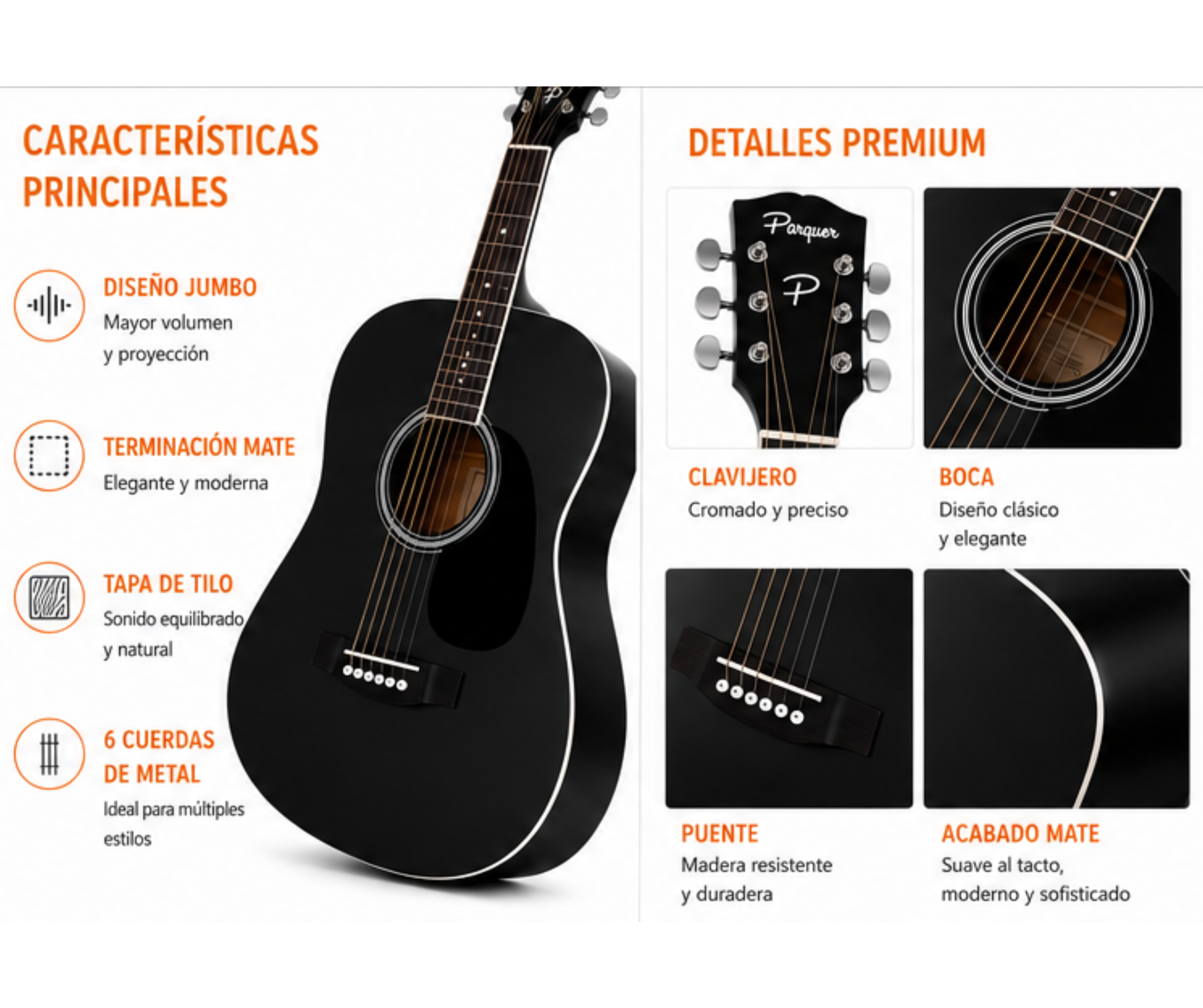 Guitarra Acústica Parquer Negra Mate Jumbo Funda - Imagen 5
