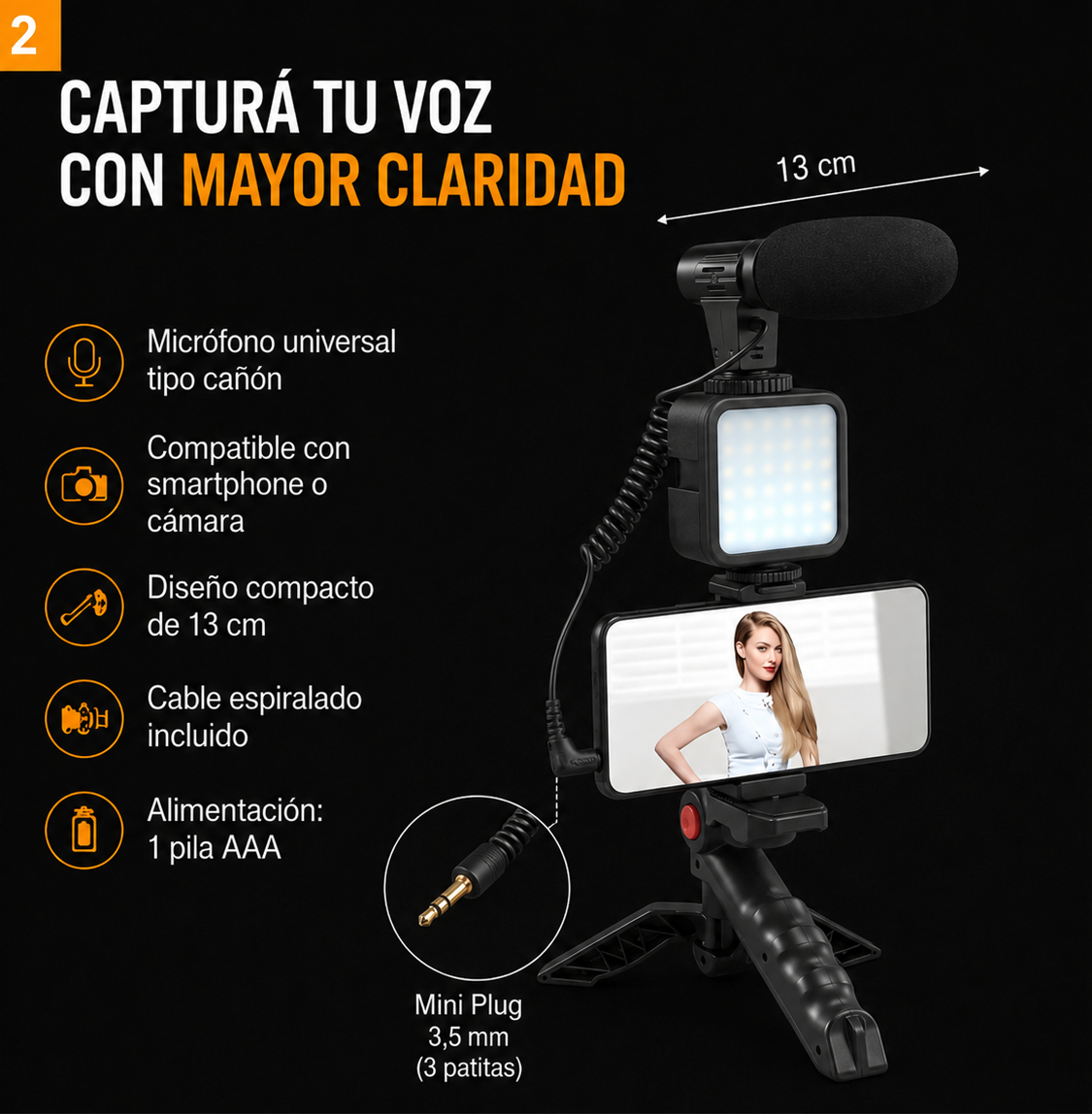 Kit Streaming Hügel Micrófono Luz Led Soporte Celular - Imagen 3