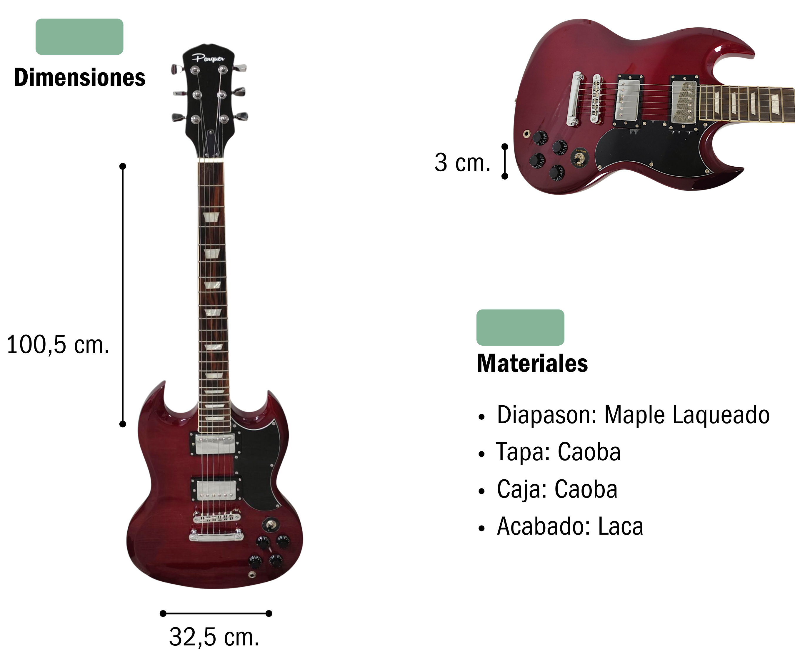 Guitarra Eléctrica Parquer Sg Cherry Roja con Funda - Imagen 4