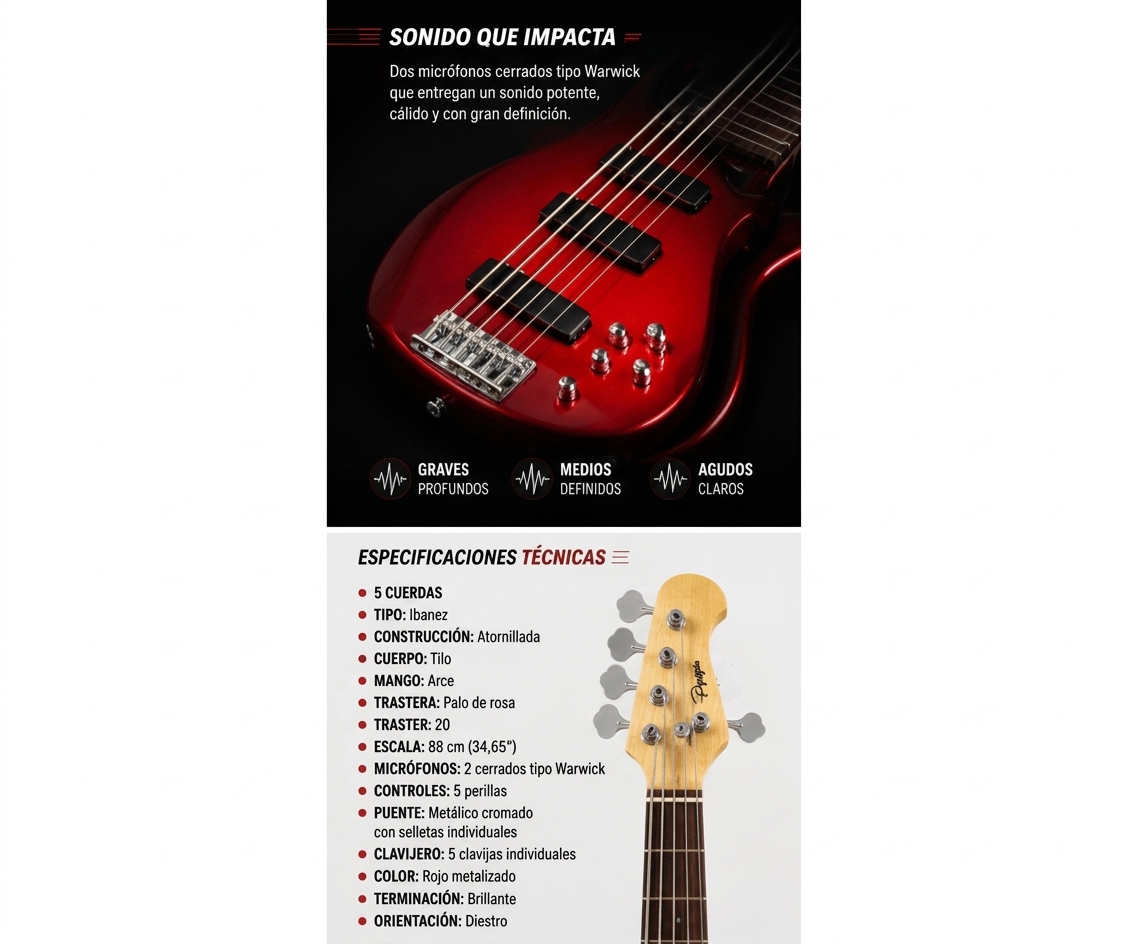 Bajo ElectRico Activo 5 Cuerdas Parquer Rojo con Funda - Imagen 4