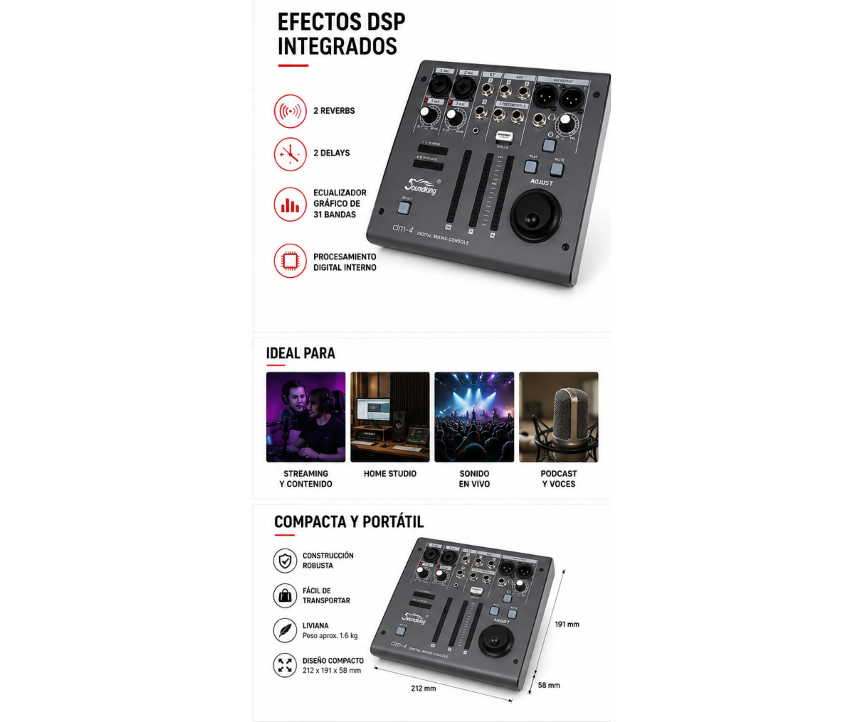 Consola Mixer Digital Soundking Dm-4 4 Canales USB P/ iPad - Imagen 3