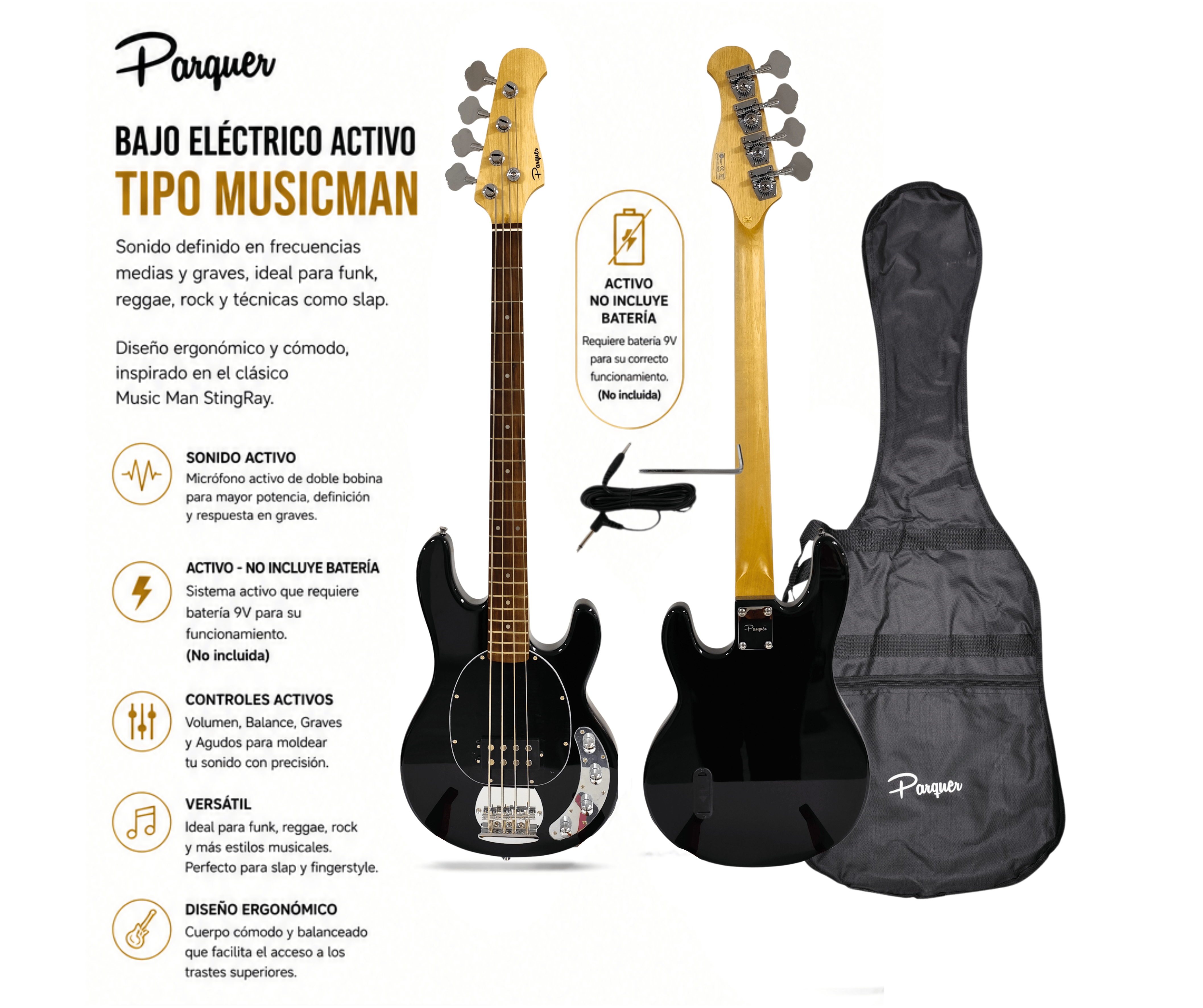 Bajo ElectRico Activo Parquer Tipo Musicman Negro con Funda - Imagen 2