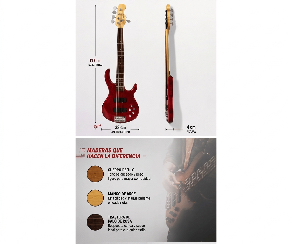 Bajo ElectRico Activo 5 Cuerdas Parquer Rojo con Funda - Imagen 3