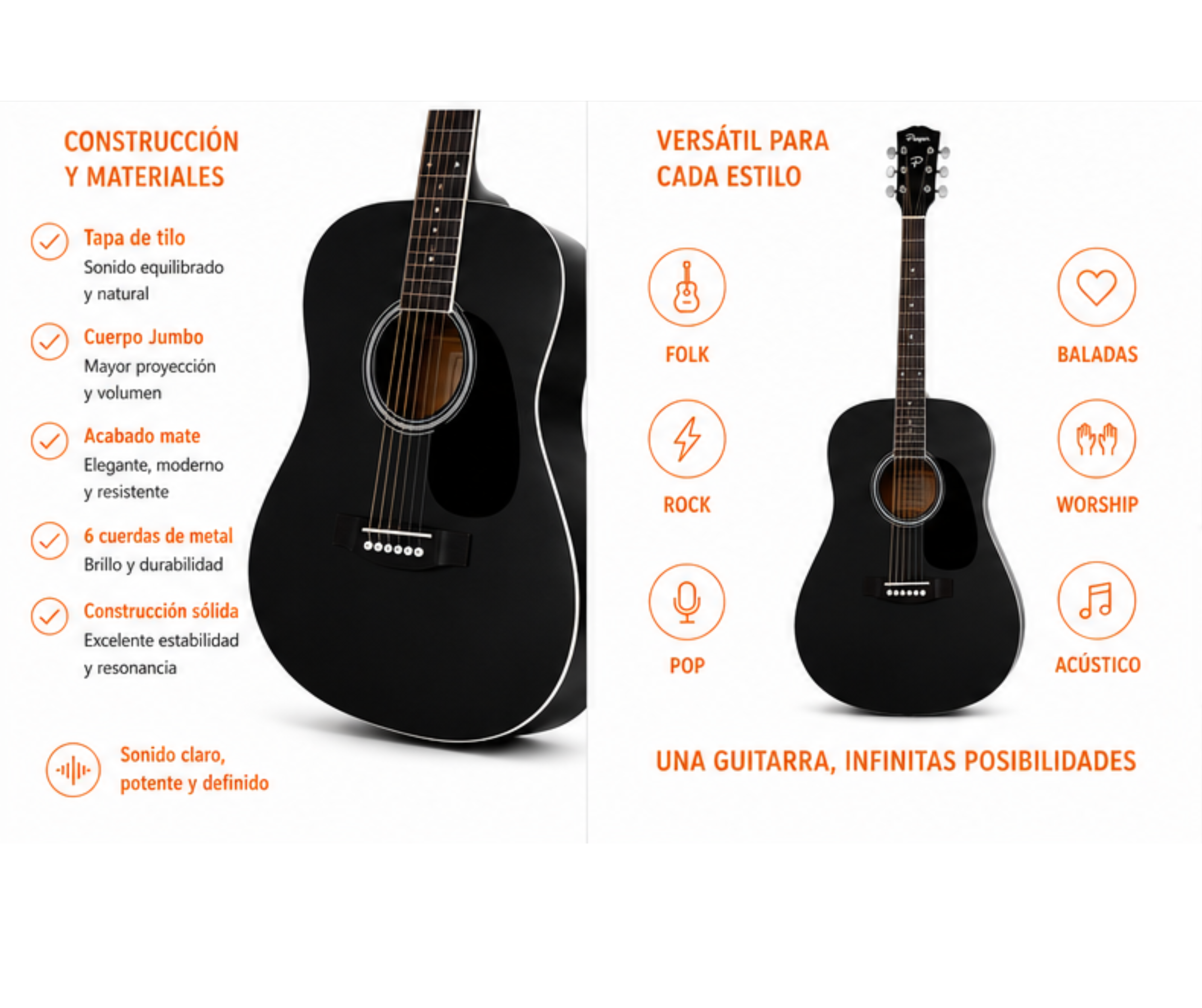 Guitarra Acústica Parquer Negra Mate Jumbo Funda - Imagen 3