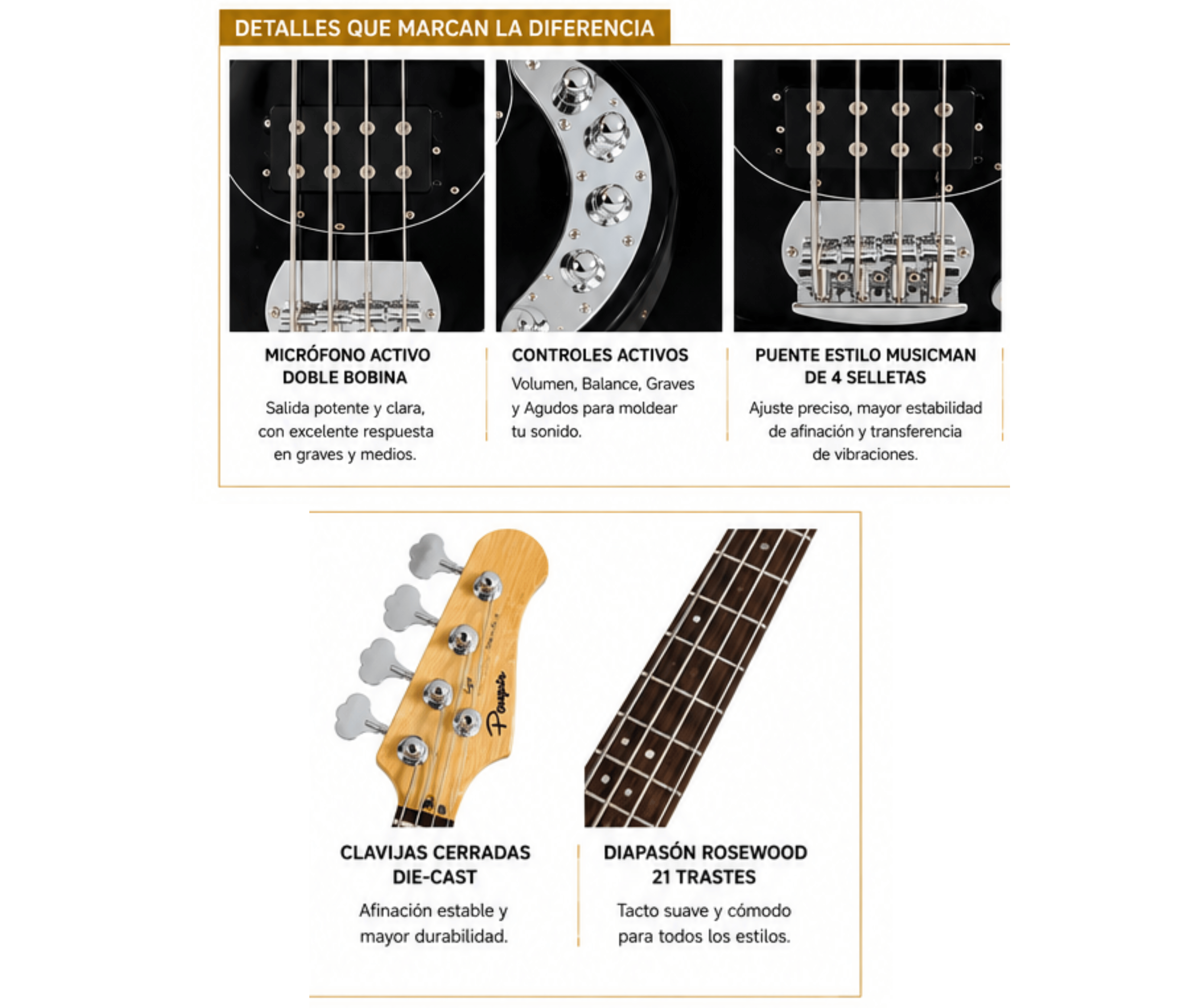 Bajo ElectRico Activo Parquer Tipo Musicman Negro con Funda - Imagen 4
