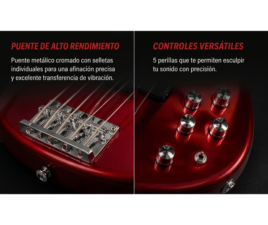 Bajo ElectRico Activo 5 Cuerdas Parquer Rojo con Funda - Imagen 6