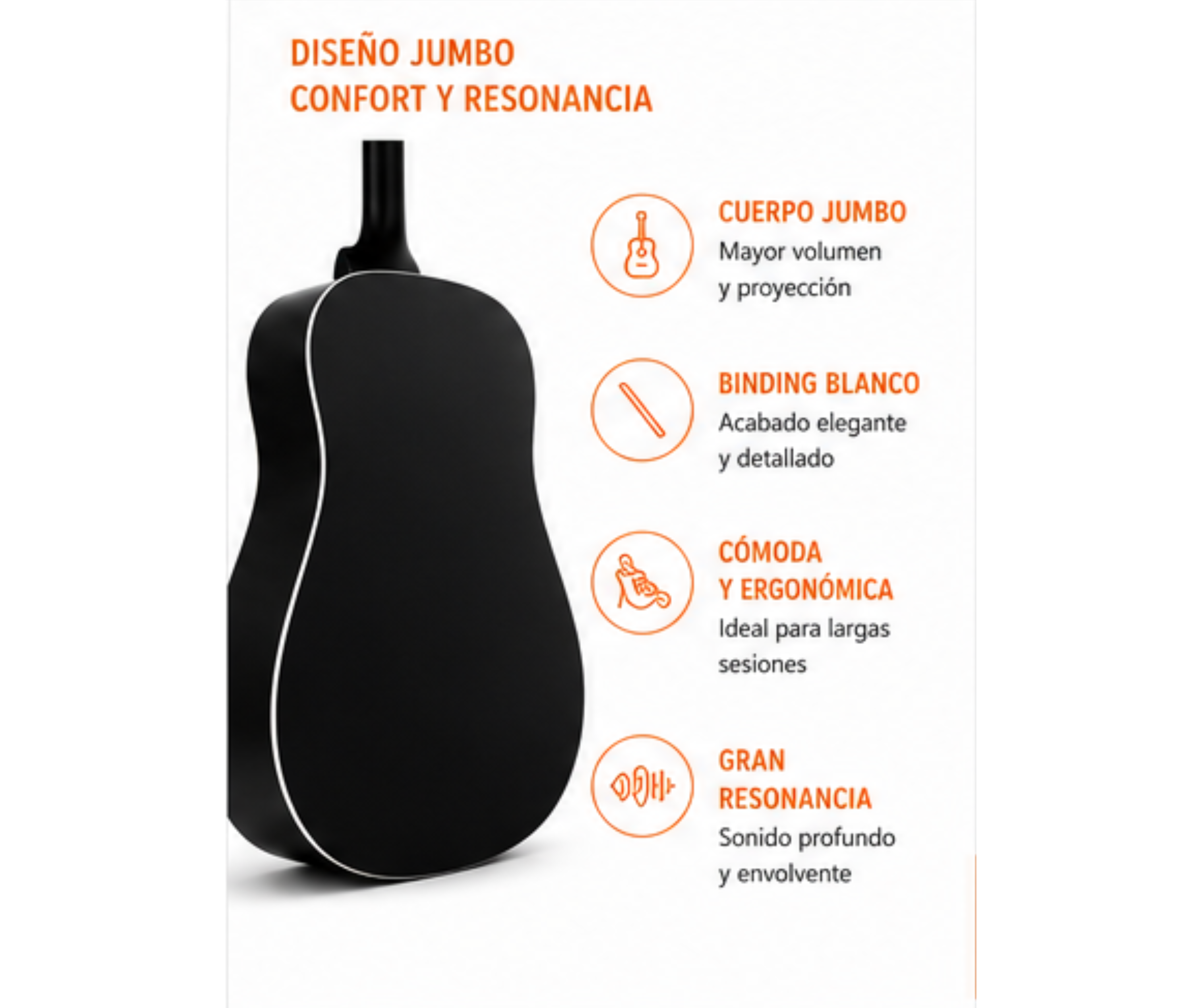Guitarra Acústica Parquer Negra Mate Jumbo Funda - Imagen 2