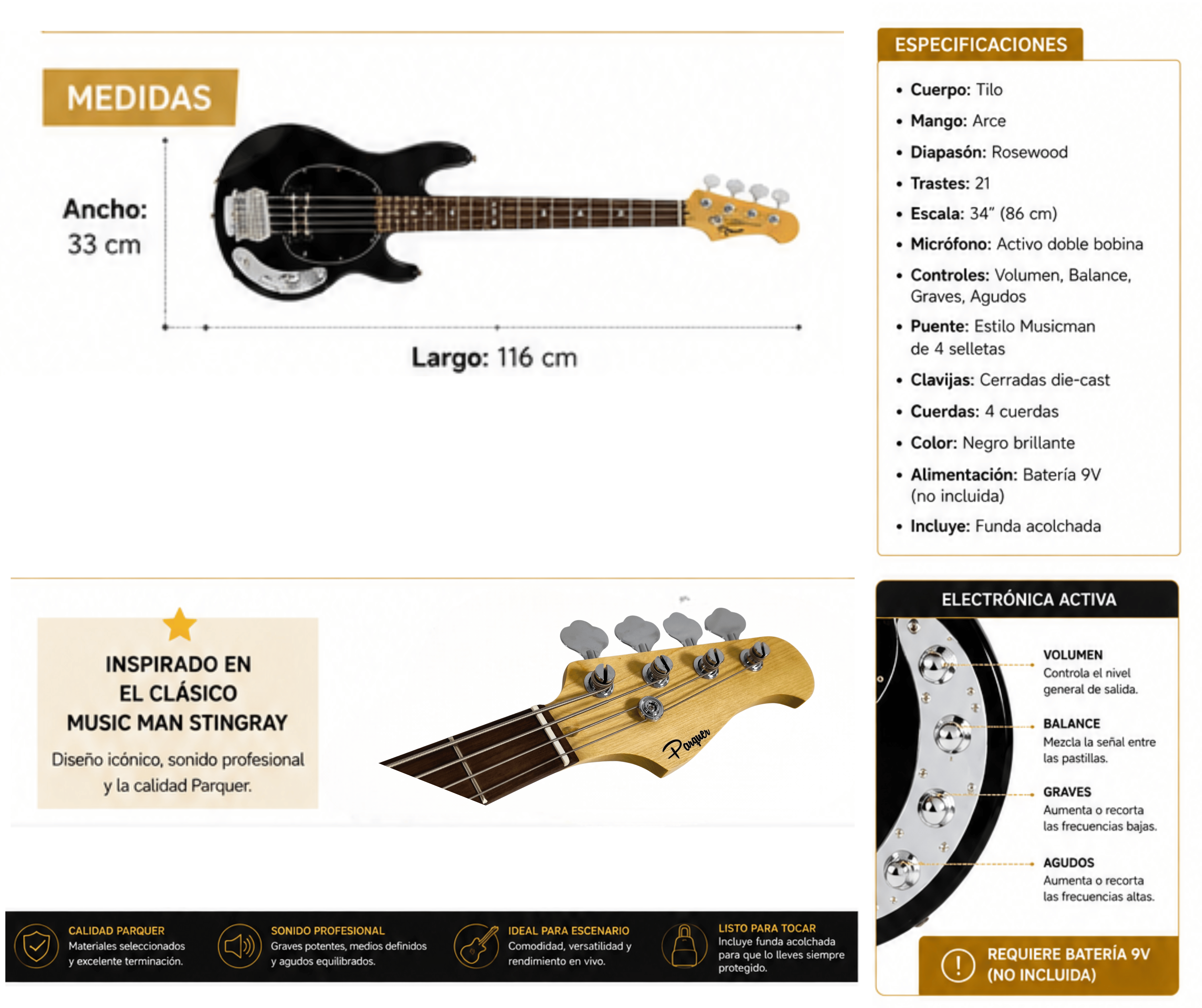 Bajo ElectRico Activo Parquer Tipo Musicman Negro con Funda - Imagen 3
