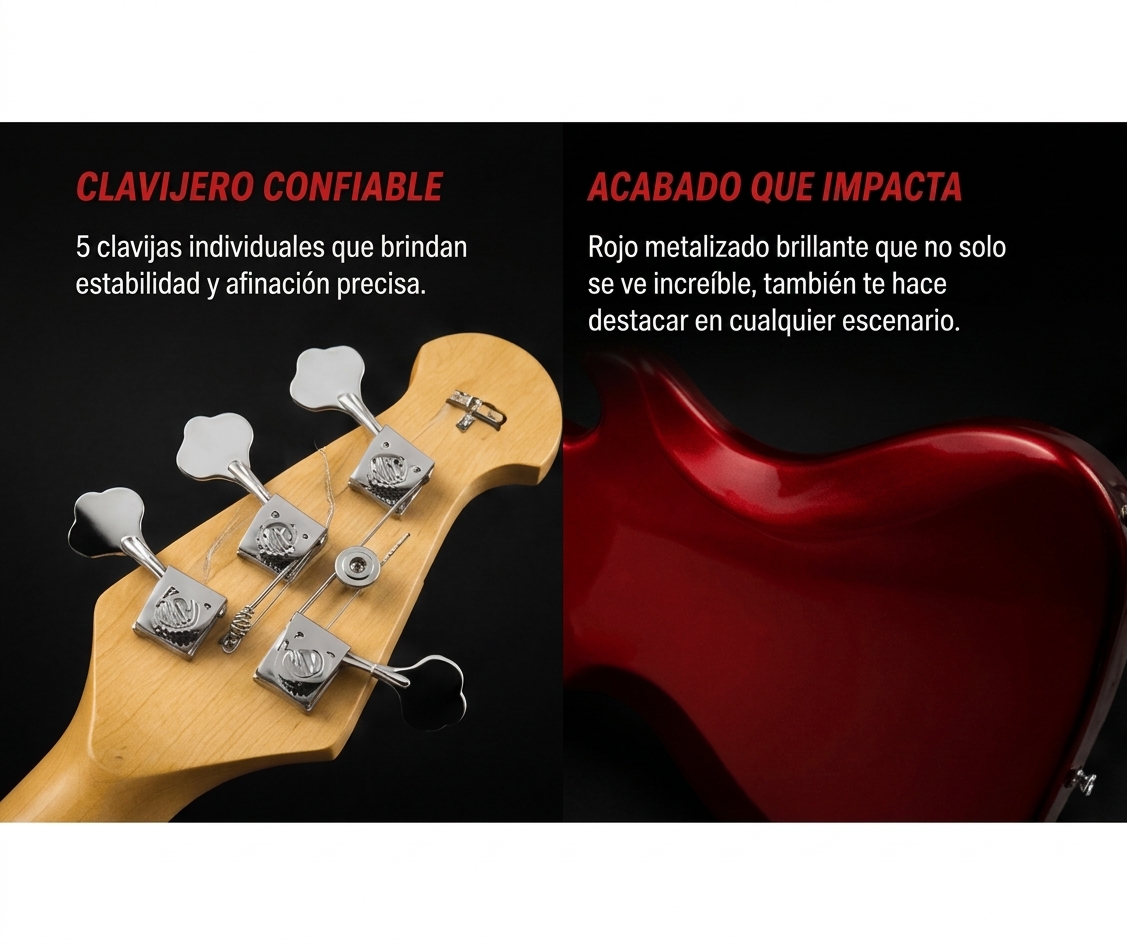 Bajo ElectRico Activo 5 Cuerdas Parquer Rojo con Funda - Imagen 5