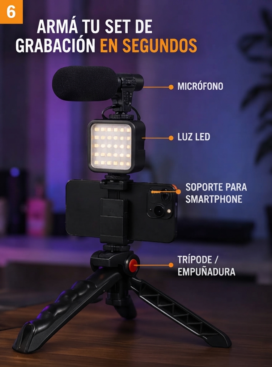 Kit Streaming Hügel Micrófono Luz Led Soporte Celular - Imagen 7