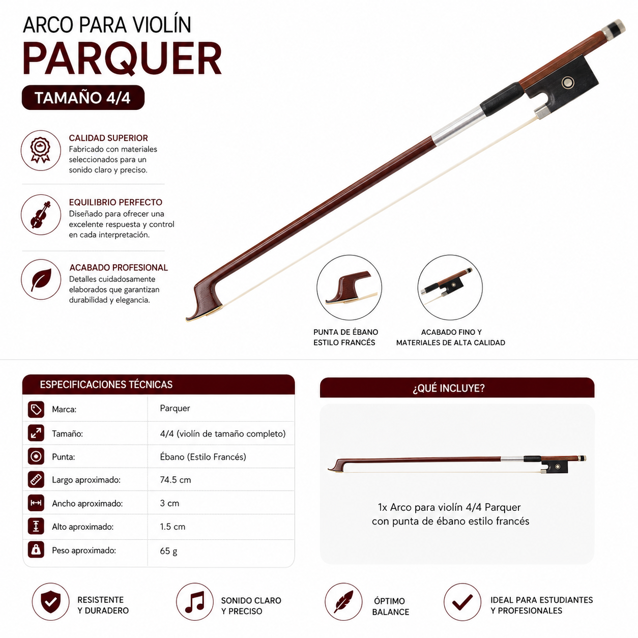 Arco Para Violín 4/4 Parquer Punta de Ebano Estilo Frances - Imagen 3
