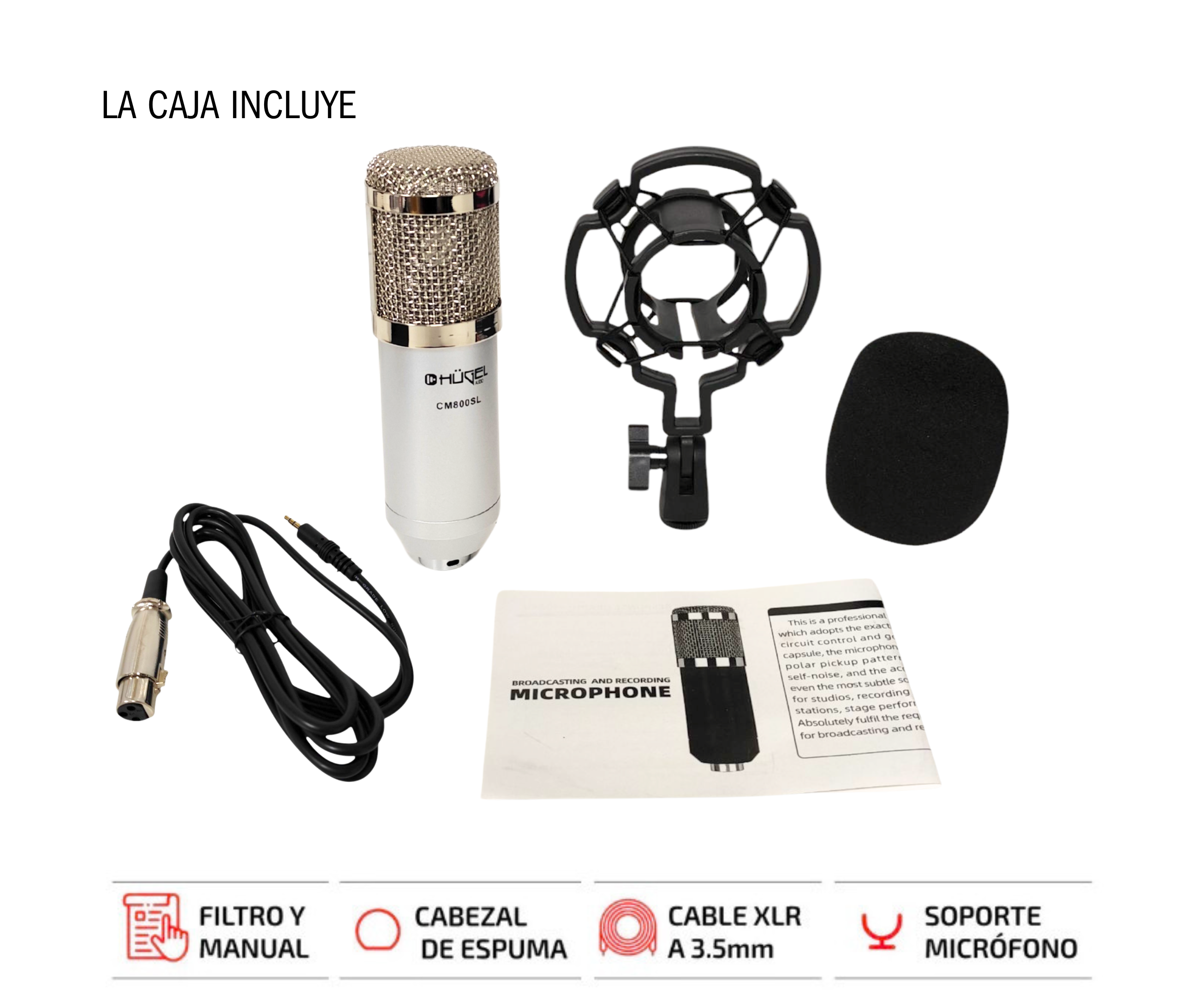 Microfono Condenser Hügel Plateado con Cable y Soporte Araña - Imagen 2