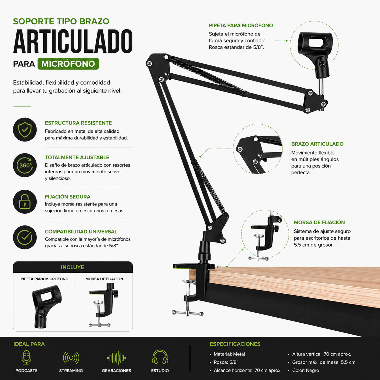 Brazo Soporte Articulado Para Microfono Hügel de Metal - Imagen 2