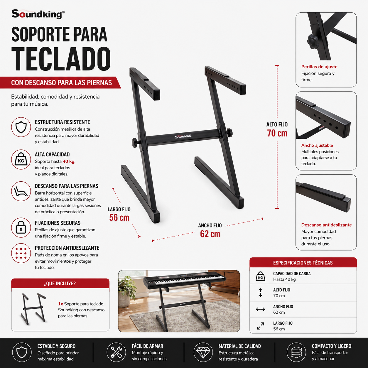 Soporte de Teclado Con Descanso Para Piernas Soundking - Imagen 2