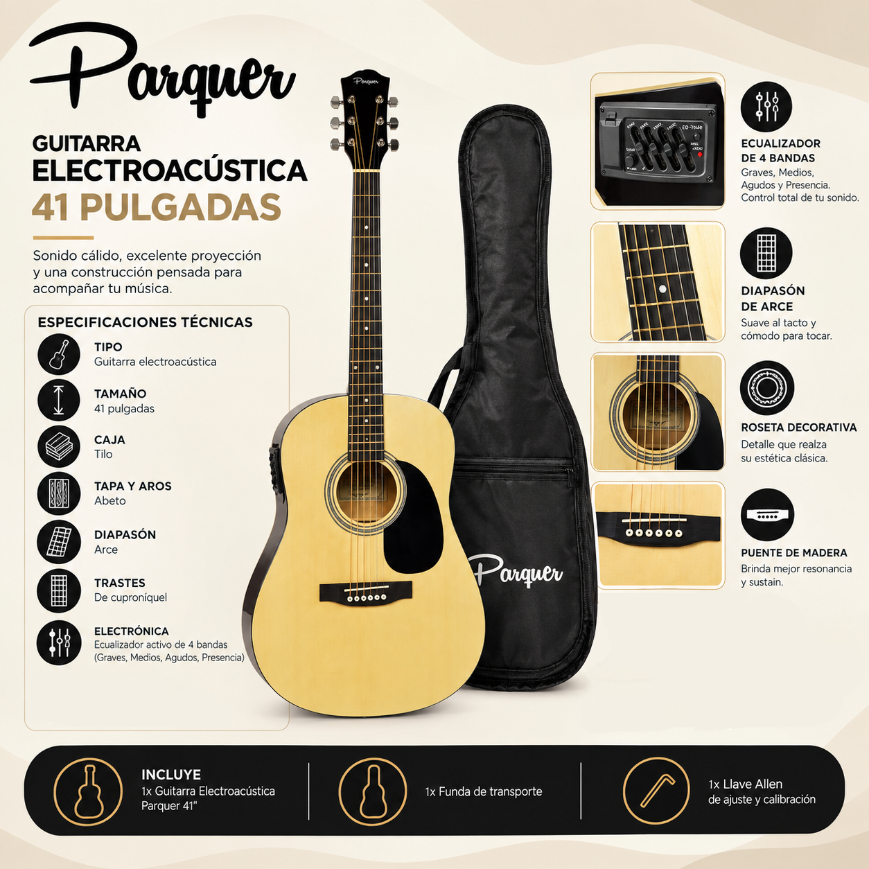 Guitarra Electroacústica de 41 Pulgadas Parquer Marrón Claro con Funda - Imagen 5