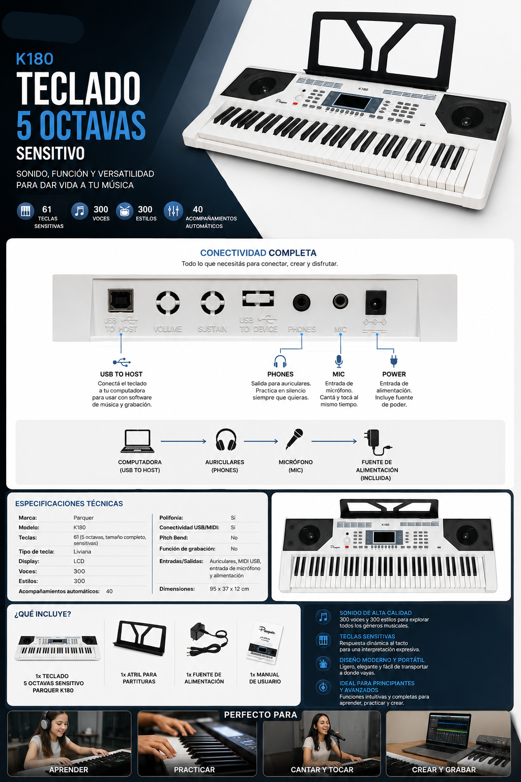 Teclado Sensitivo Parquer 5/8 61 Teclas Estudio K180wh - Imagen 3