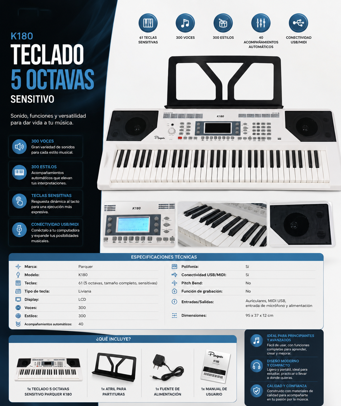 Teclado Sensitivo Parquer 5/8 61 Teclas Estudio K180wh - Imagen 2