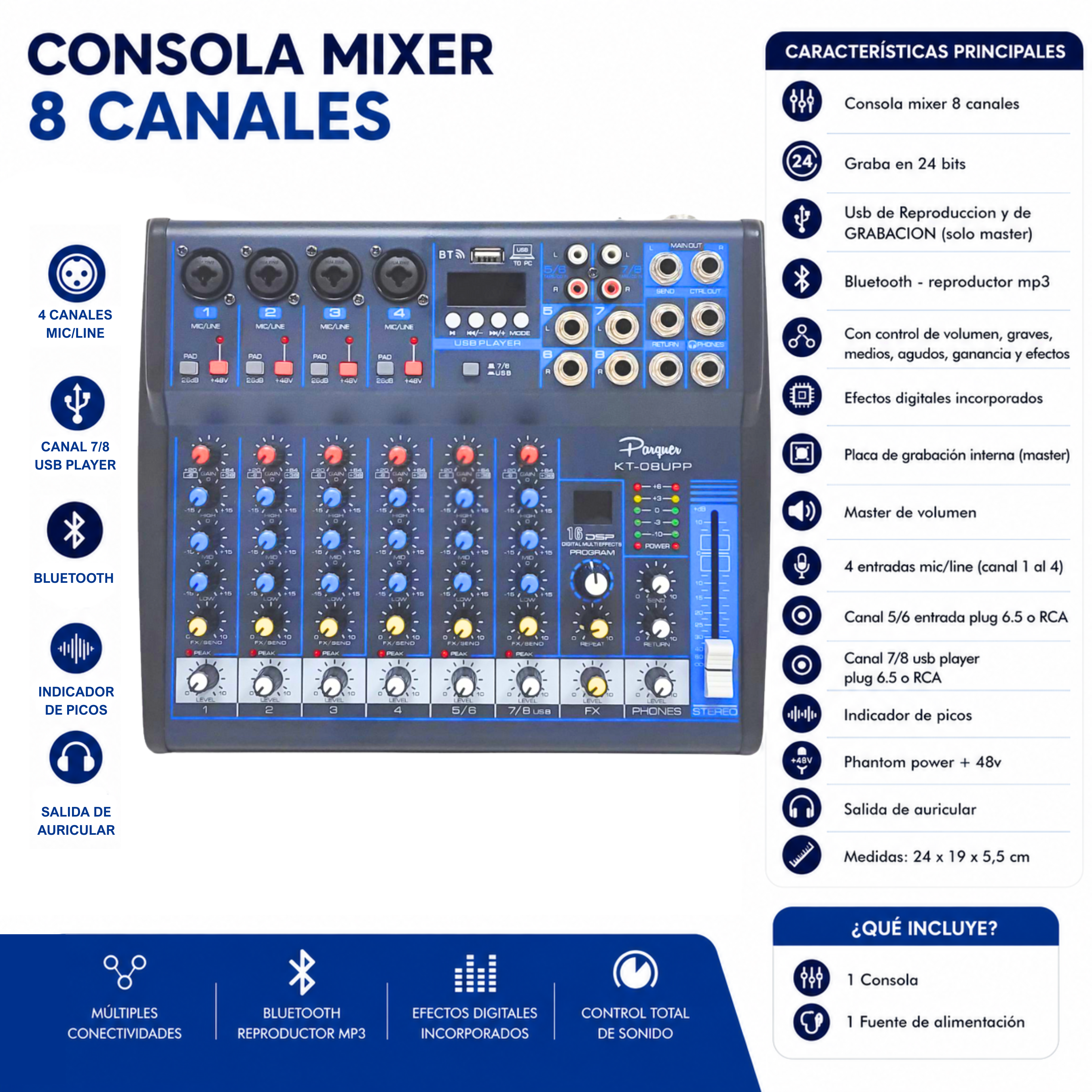 Consola Mixer 8 Canales Parquer Kt-08up 4 Mono 2 Stereo - Imagen 2