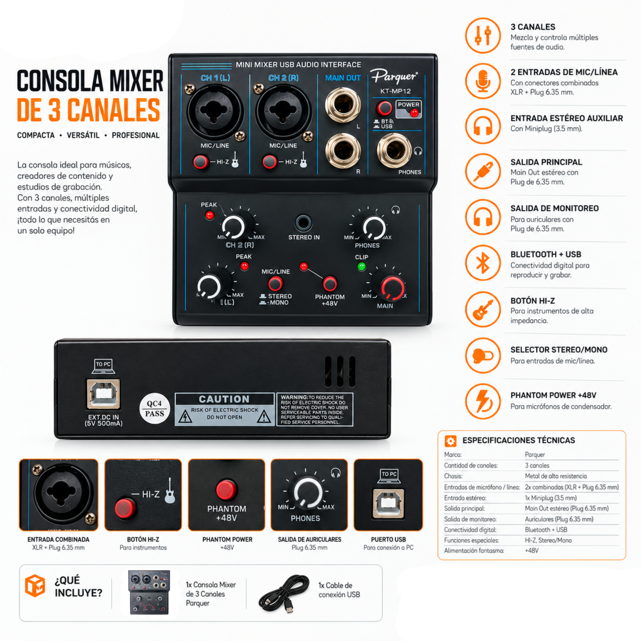 Consola Mixer Interfaz Parquer 3 Canales USB con Phantom - Imagen 2