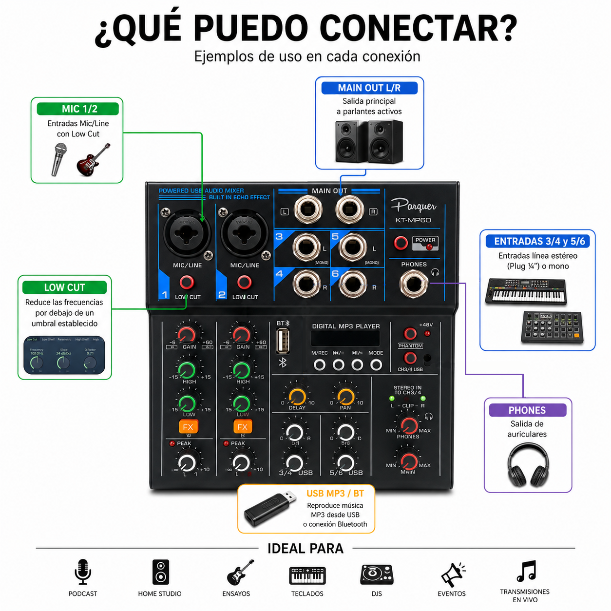 Consola Mixer Parquer 6 Canales USB Phantom Efectos - Imagen 3