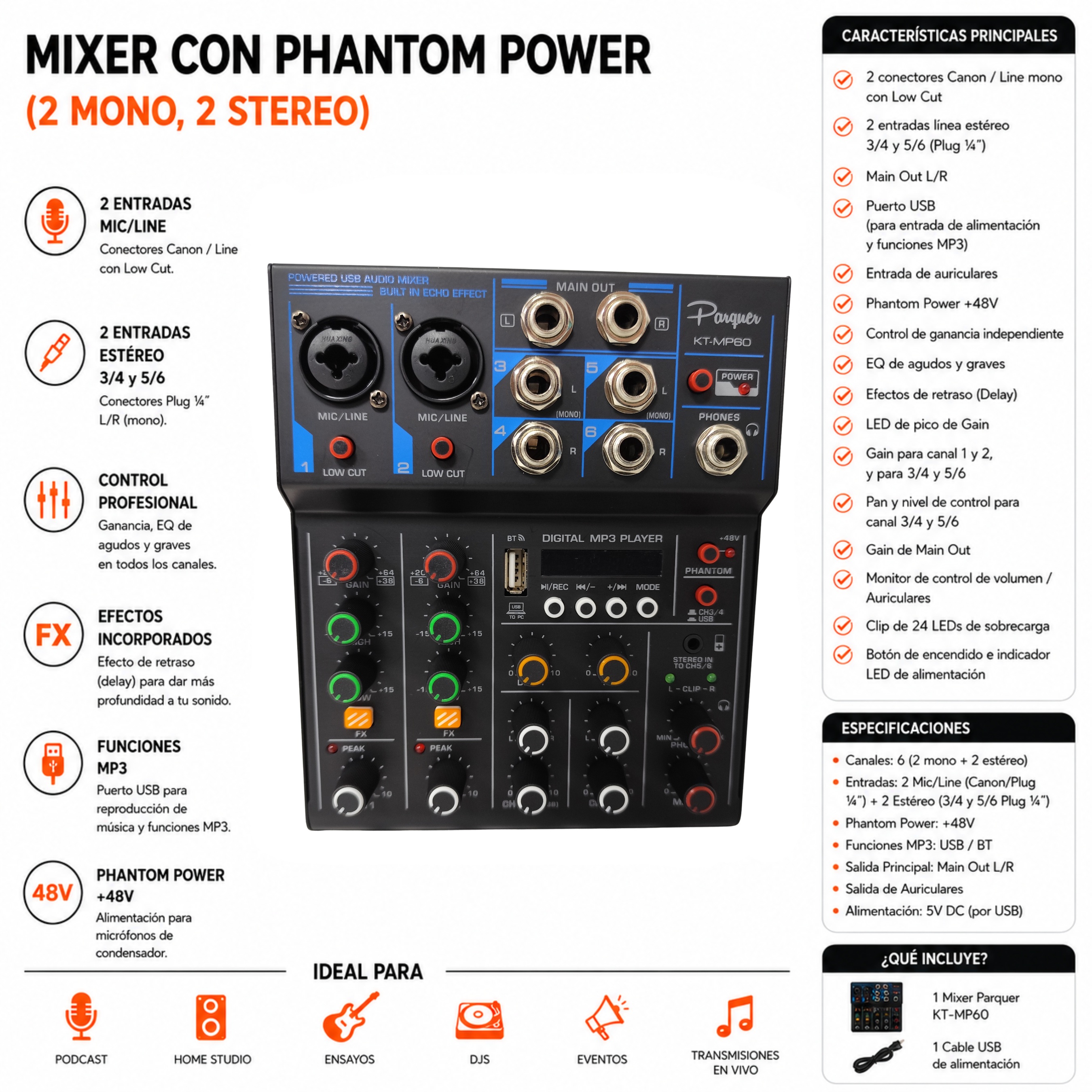 Consola Mixer Parquer 6 Canales USB Phantom Efectos - Imagen 4