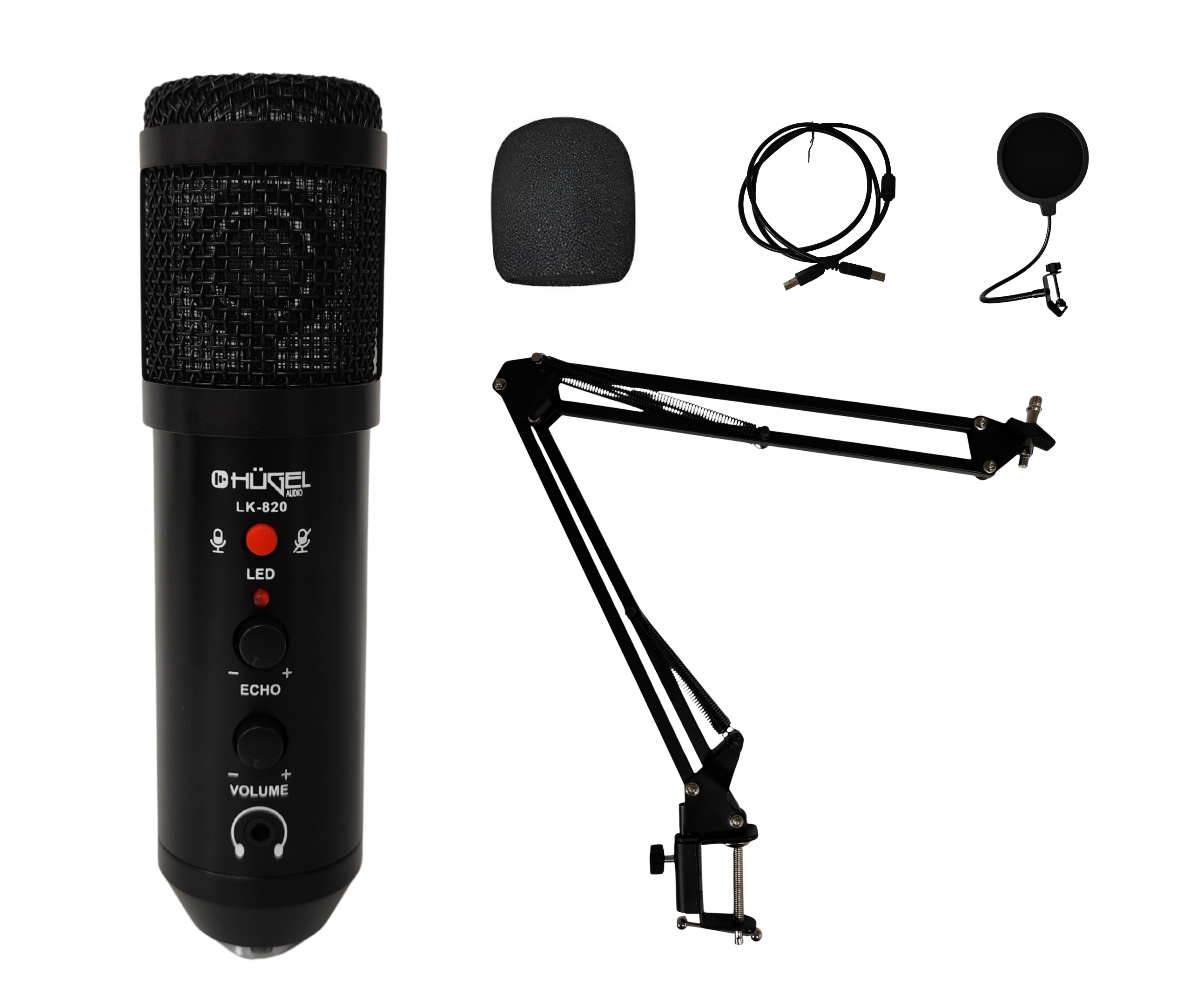 Kit Micrófono Condenser Hügel Lk820 Soporte Brazo Pop Filter