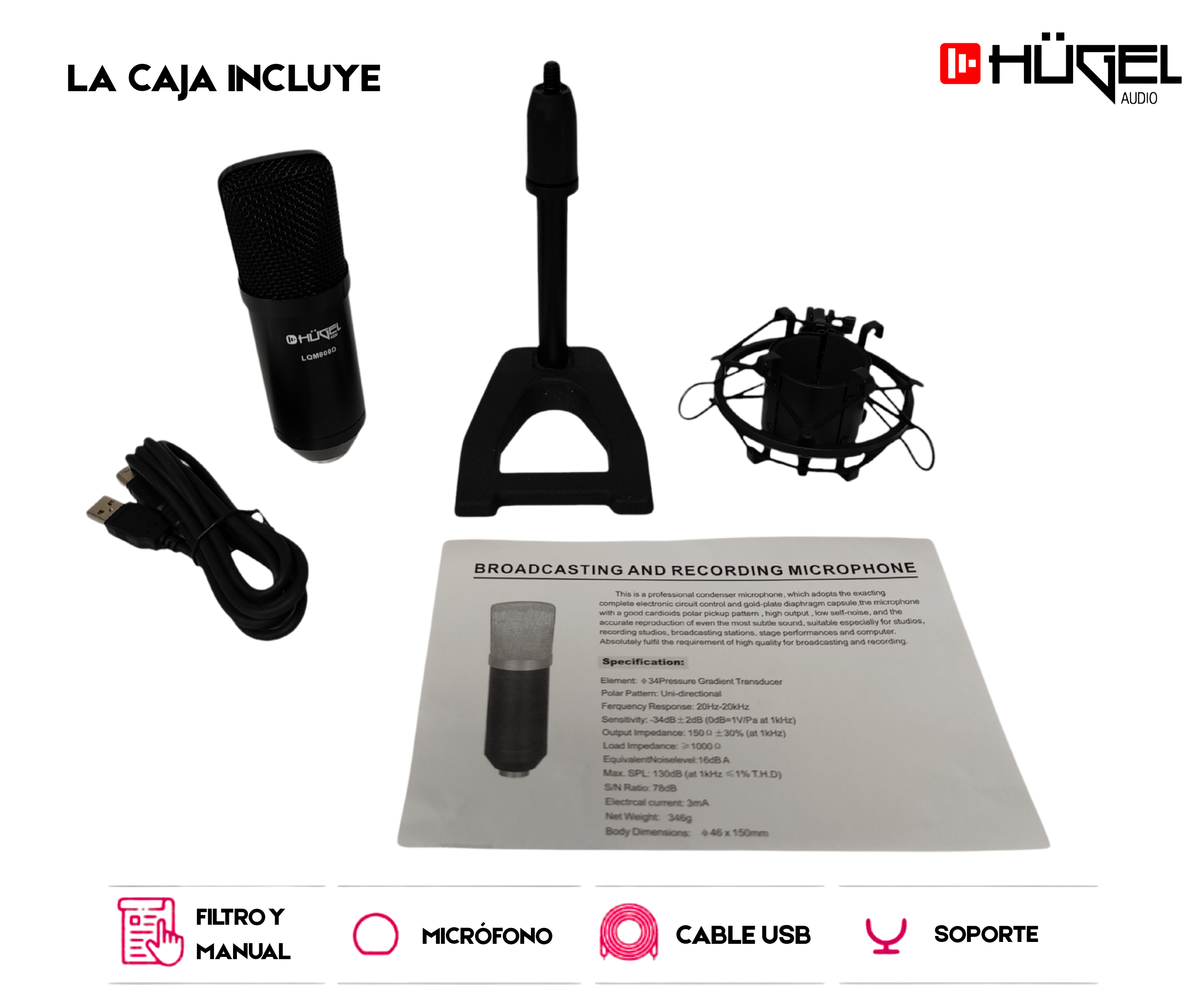 Kit Micrófono Condenser Hügel USB Cardioide Araña Cable - Imagen 2