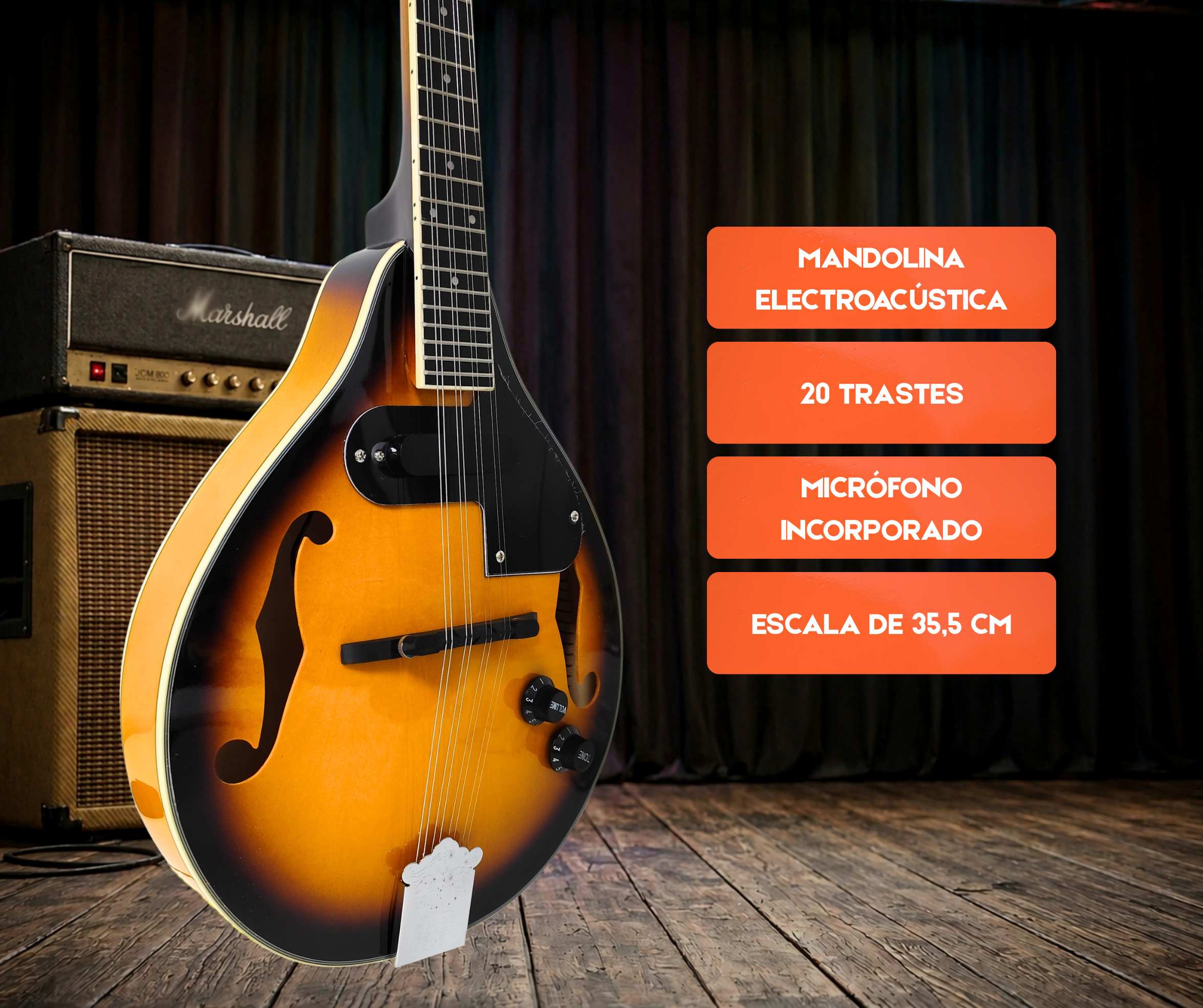 Mandolina Parquer Electroacústica Sunburst con Microfono - Imagen 2