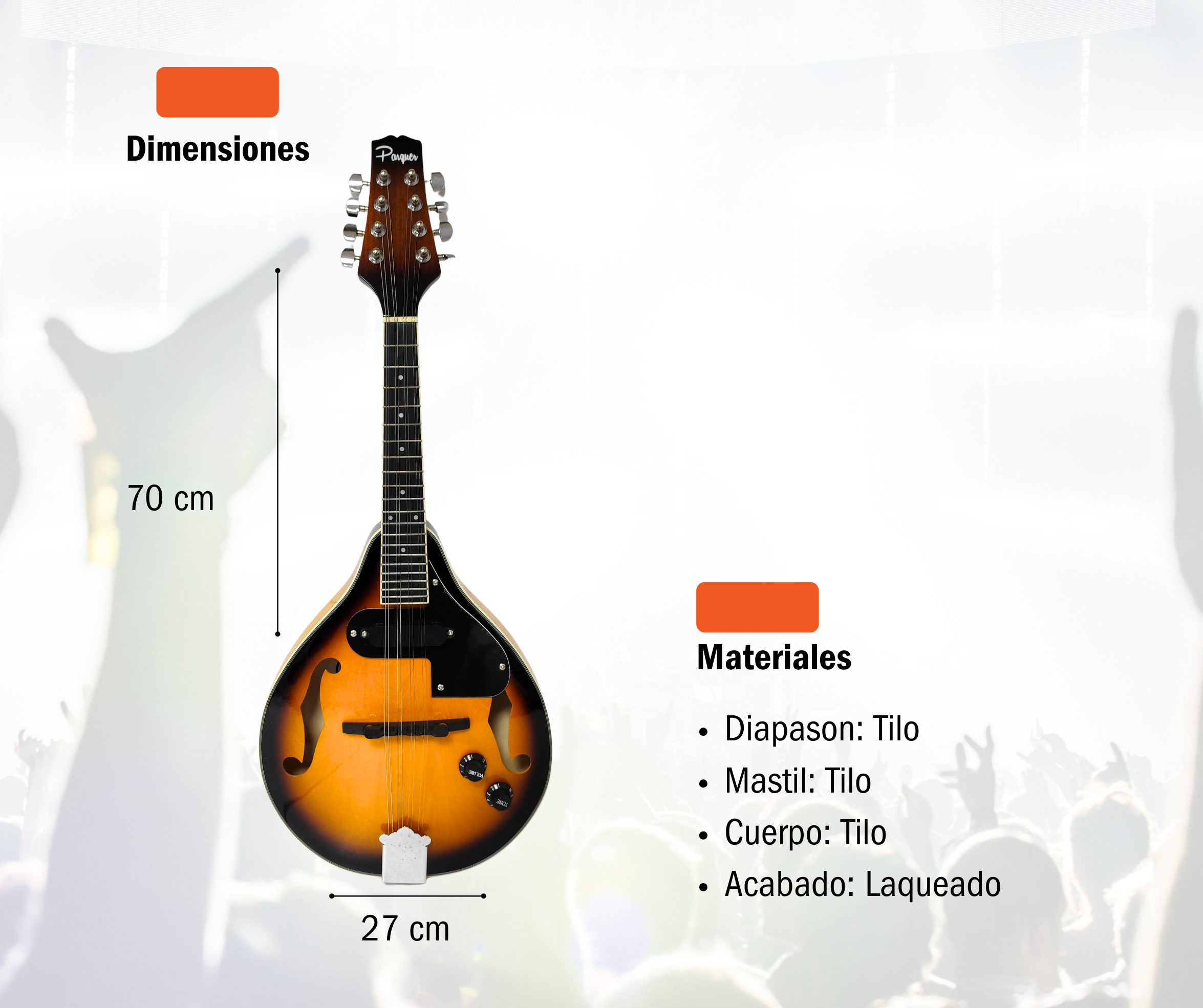 Mandolina Parquer Electroacústica Sunburst con Microfono - Imagen 5