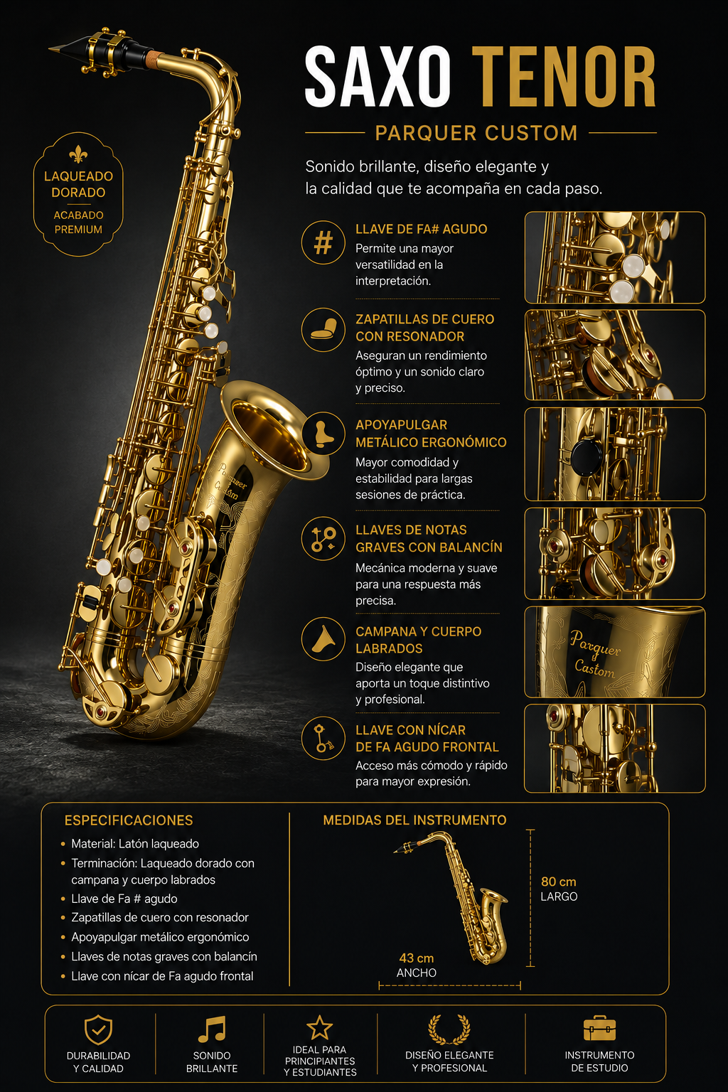 Saxo Tenor en Bb Custom Parquer con Estuche PSTD - Imagen 7