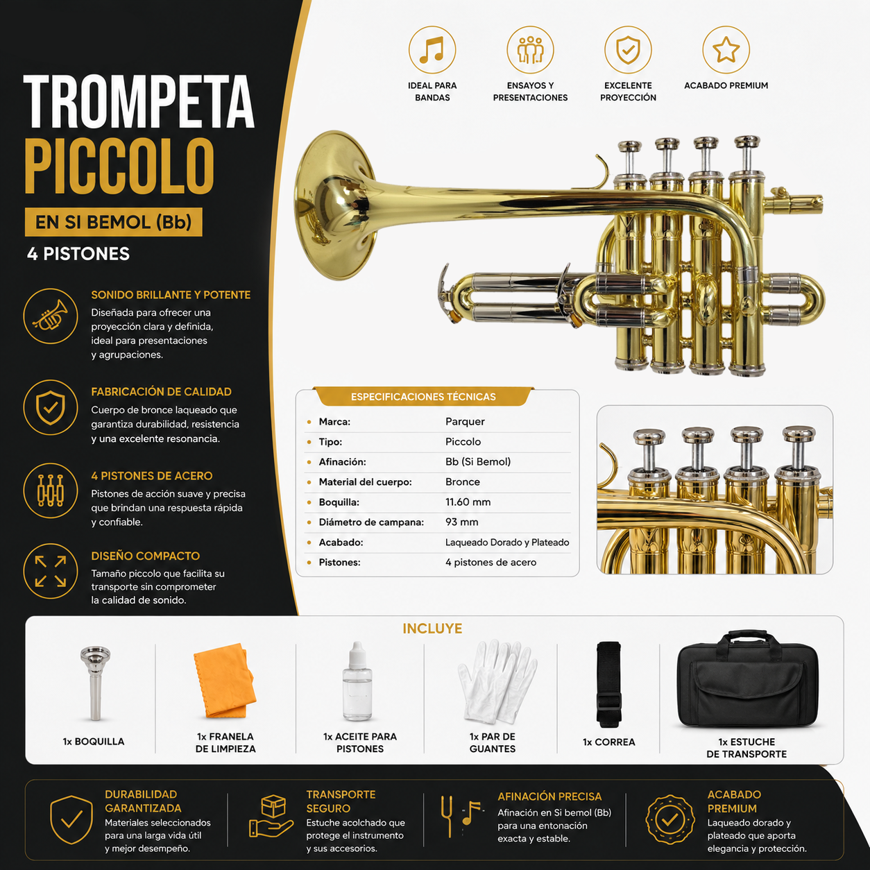Trompeta Piccolo Parquer Bb con 4 Pistones - Imagen 2