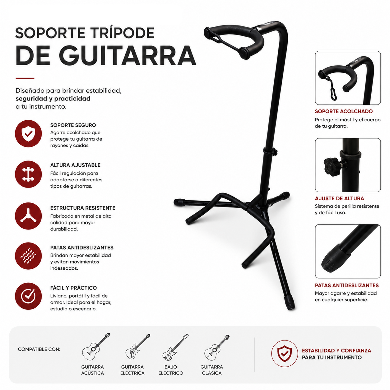 Soporte de Piso Para Guitarra o Bajo con Cuello Parquer - Imagen 2