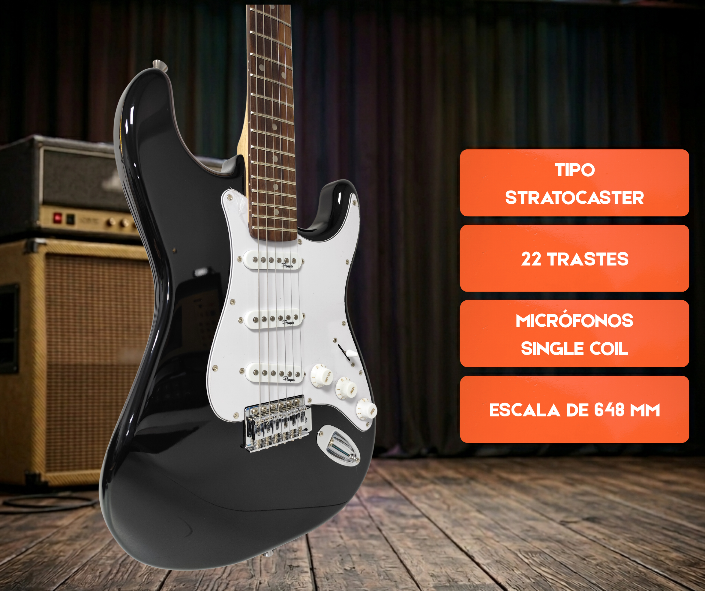 Guitarra Eléctrica Stratocaster Parquer Negra con Funda - Imagen 2