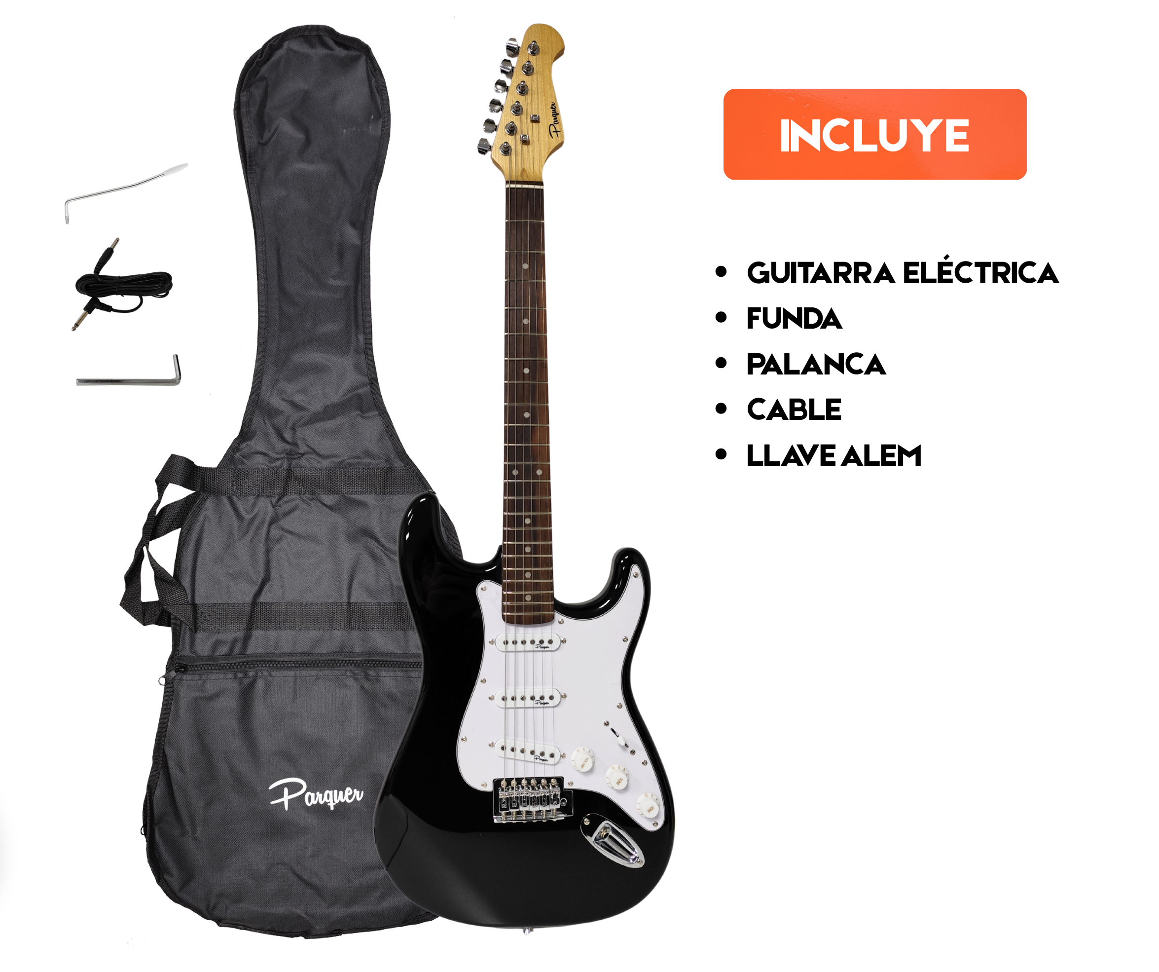 Guitarra Eléctrica Stratocaster Parquer Negra con Funda - Imagen 3