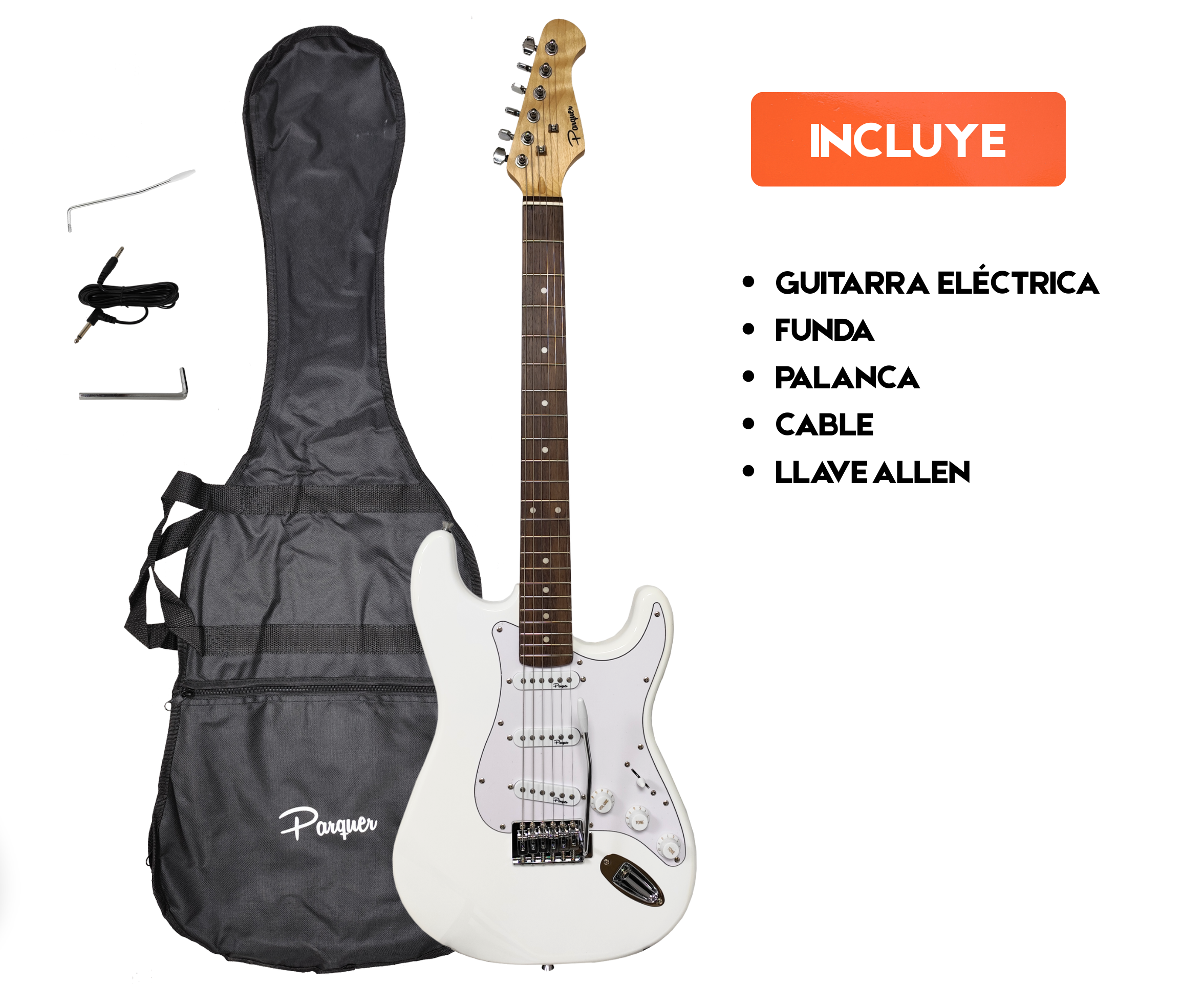 Guitarra Eléctrica Parquer Stratocaster Blanca con Funda - Imagen 4