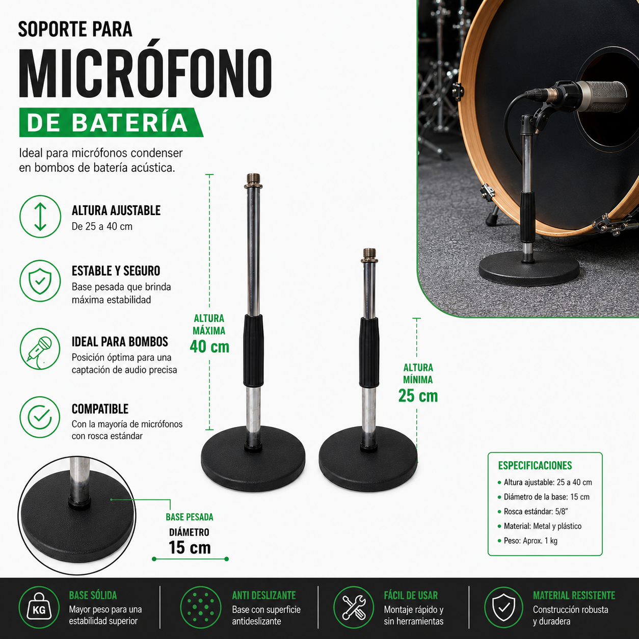 Soporte Regulable Parquer Para Microfono De Bateria - Imagen 3