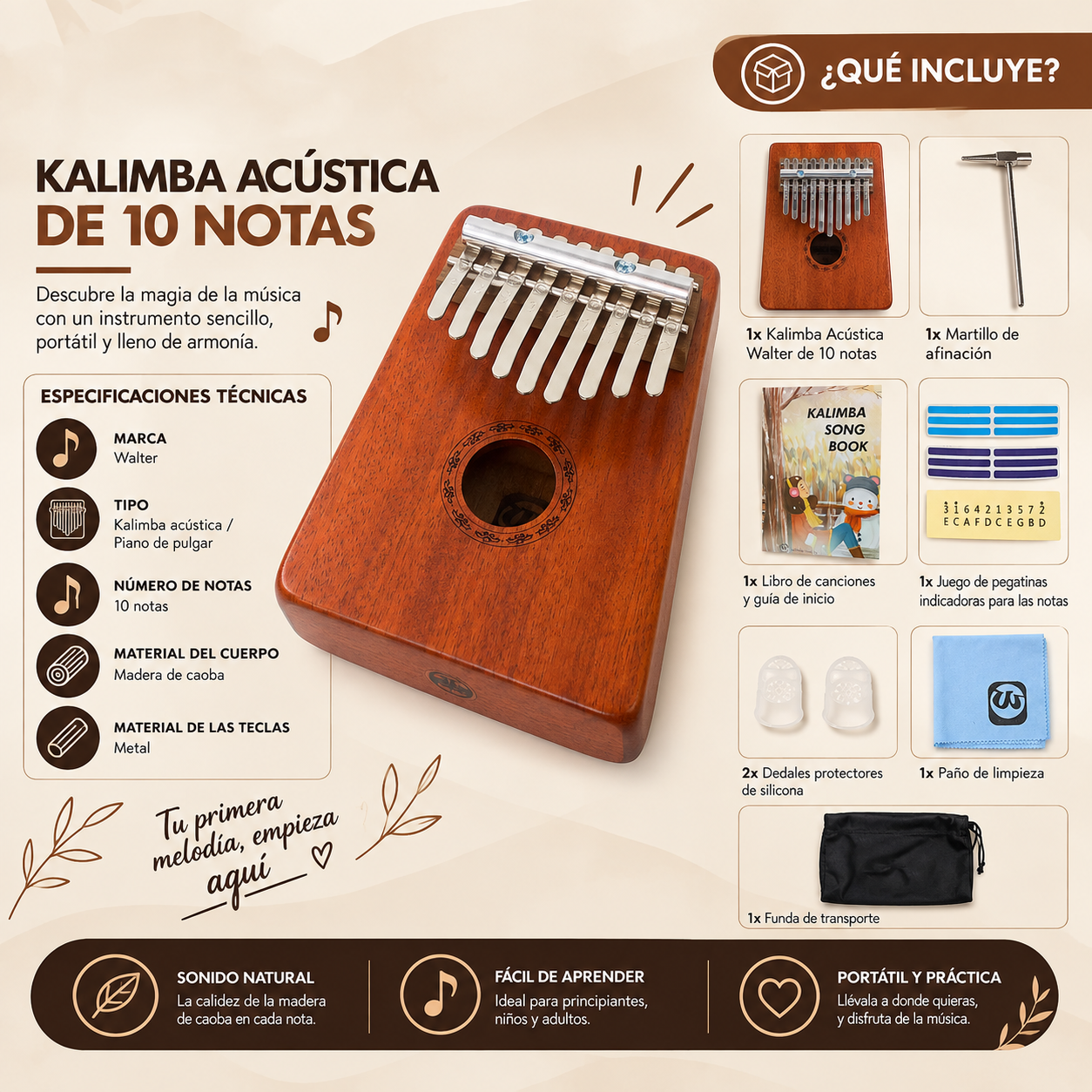 Kalimba Acústica Walter Madera Caoba 10 Notas Acero - Imagen 4