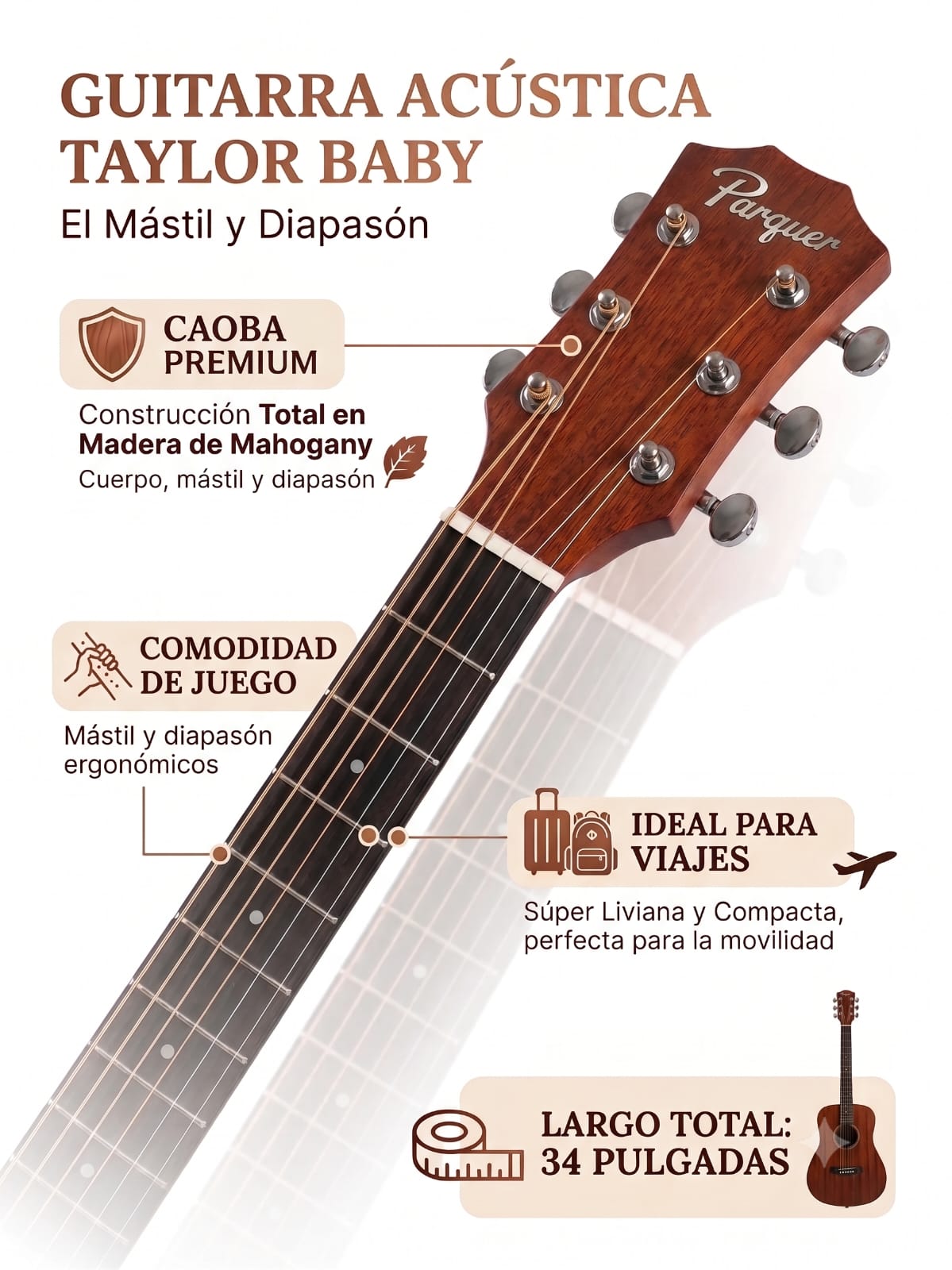 Guitarra Acustica Parquer Mini Baby 34 Marrón Oscuro - Imagen 2