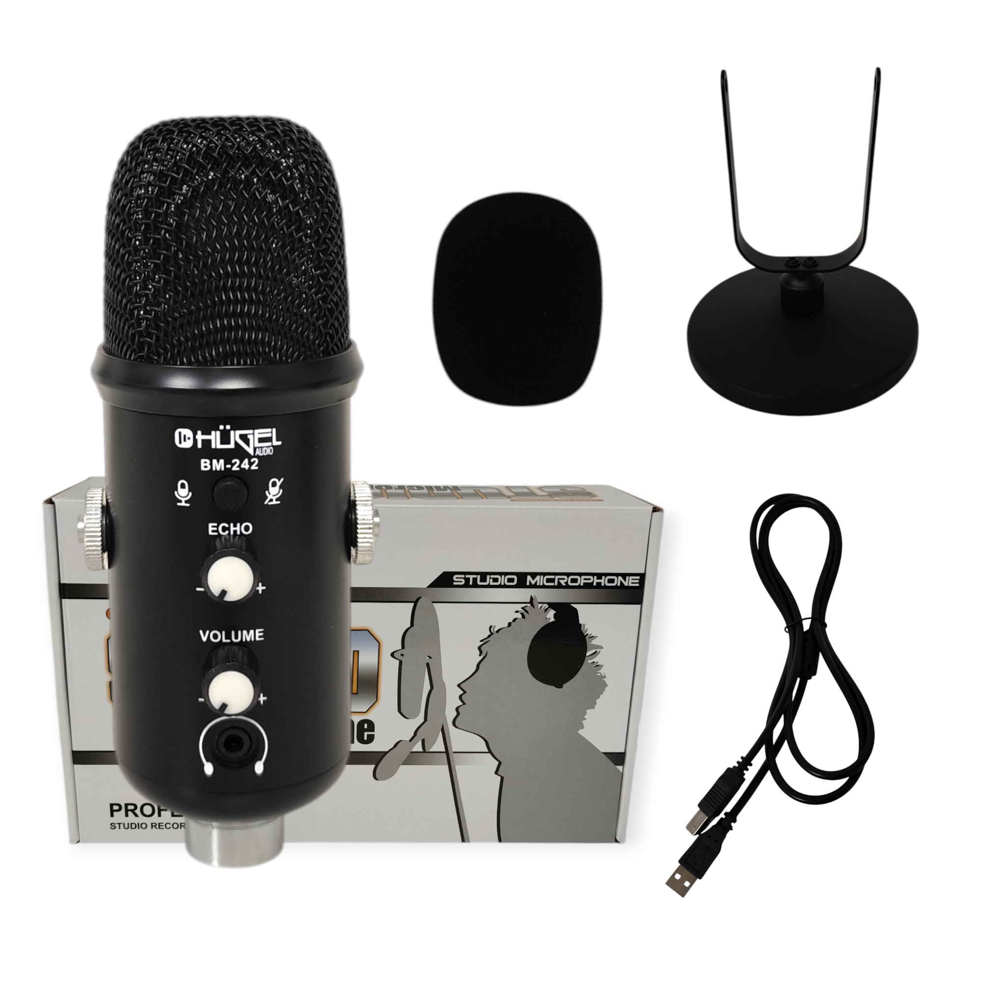 Micrófono Condenser Hügel Bm-242 USB Reverb Soporte Base