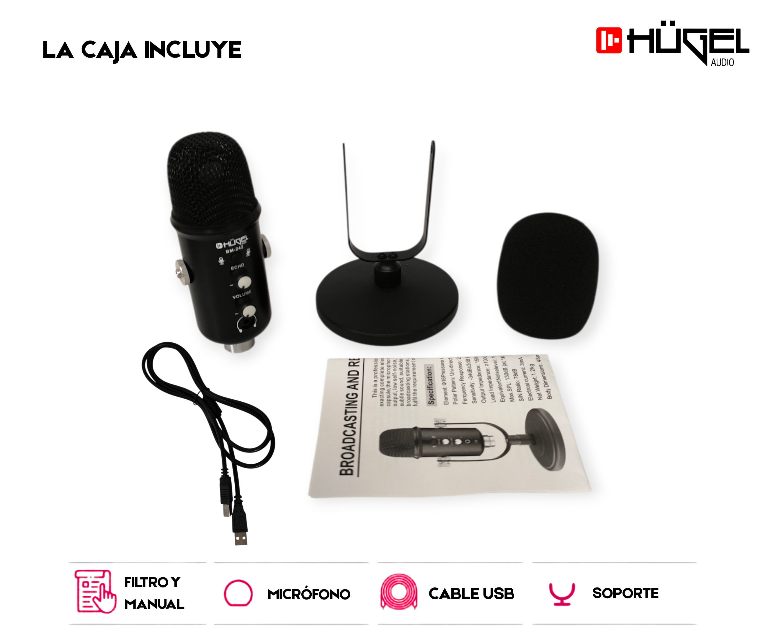 Micrófono Condenser Hügel Bm-242 USB Reverb Soporte Base - Imagen 2