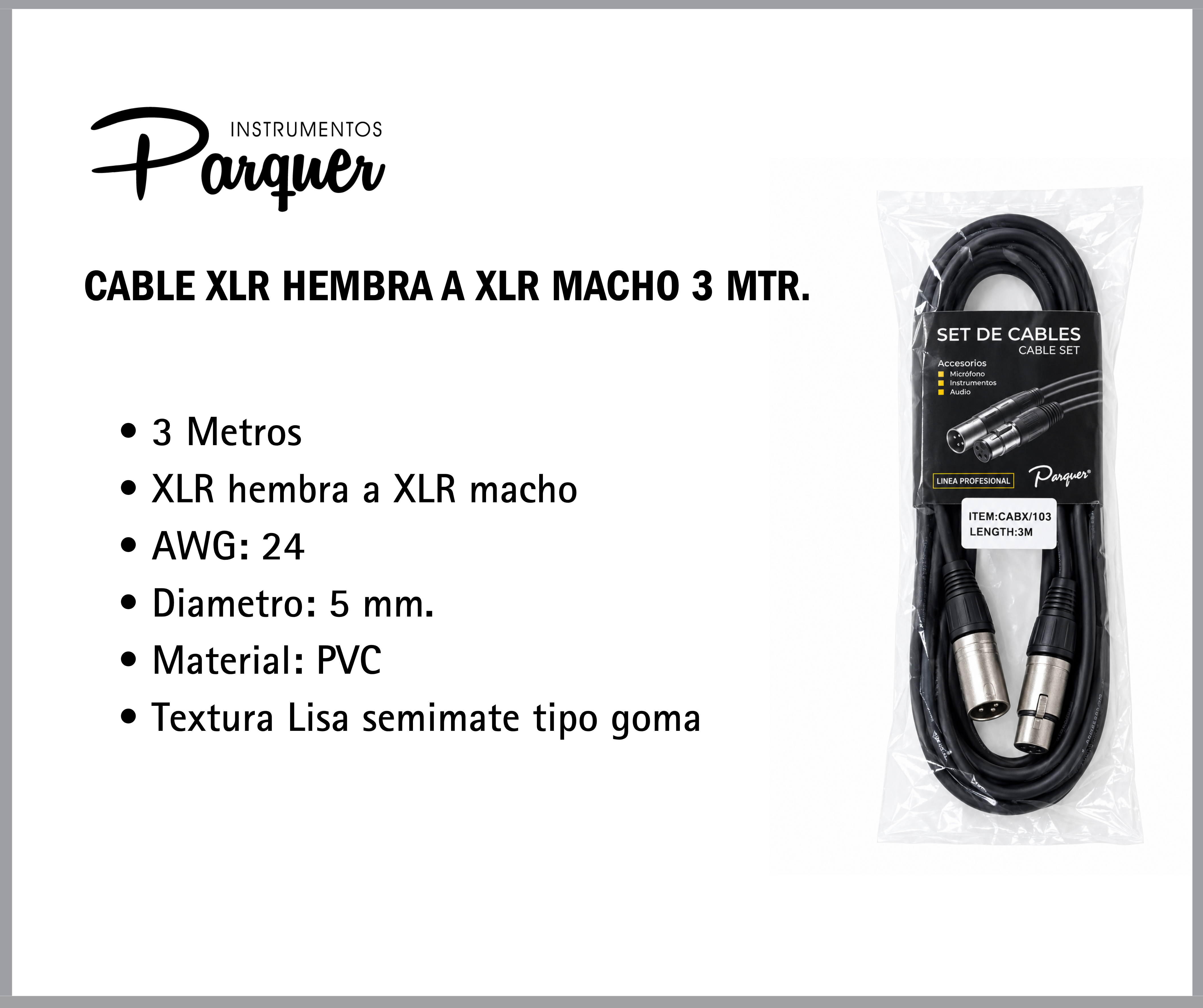 Cable Microfono Canon / Xlr Parquer 3 Metros Ficha Metal - Imagen 2