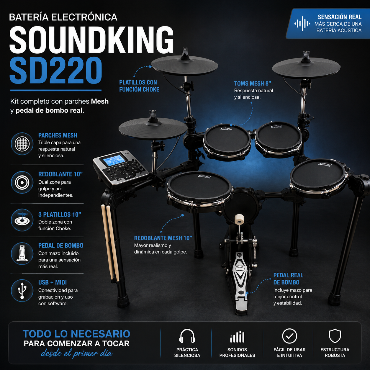 Bateria Electronica Soundking Sd220 8 Pads Mesh - Imagen 3