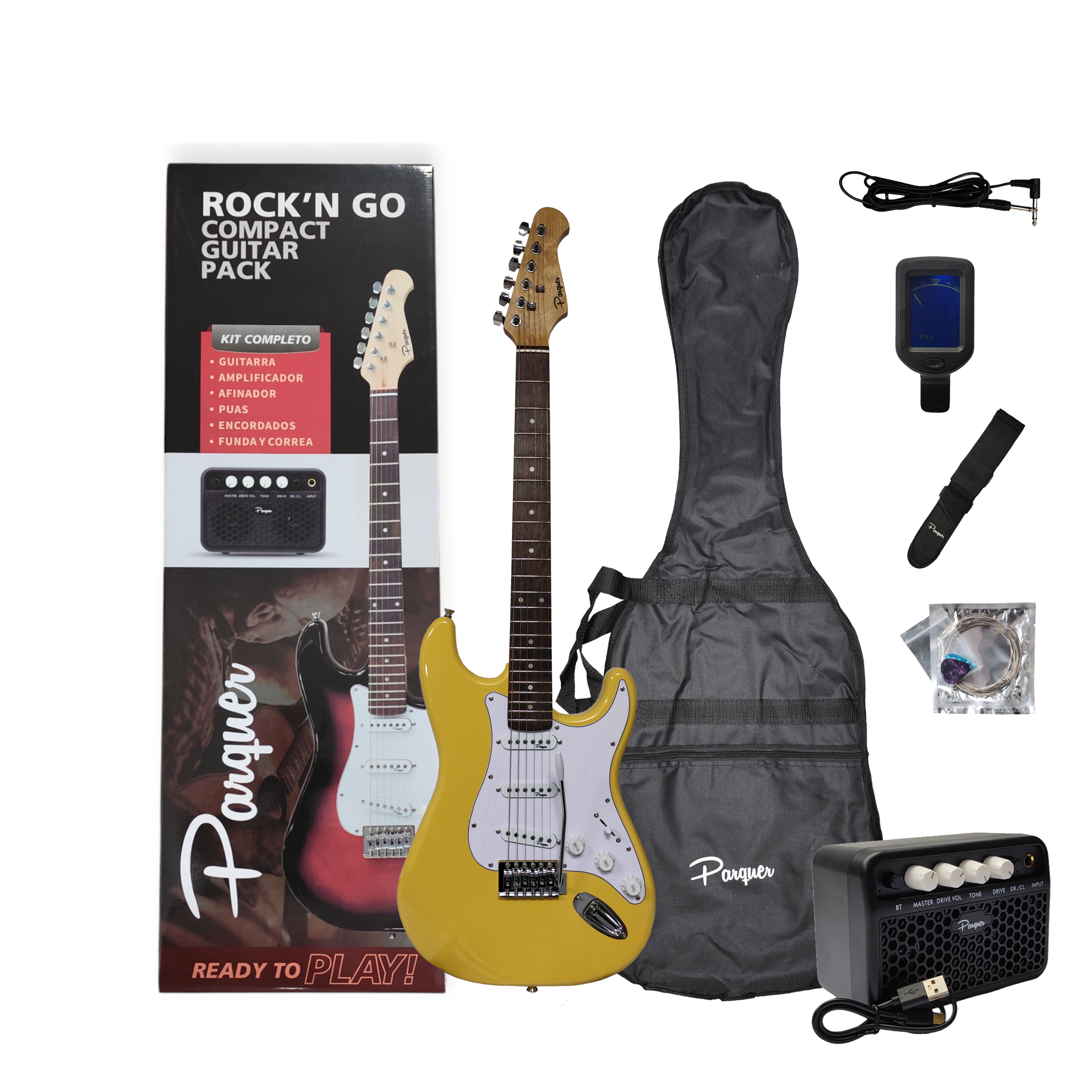 Combo Guitarra Electrica Strato Amarilla Parquer Amplificador 5w