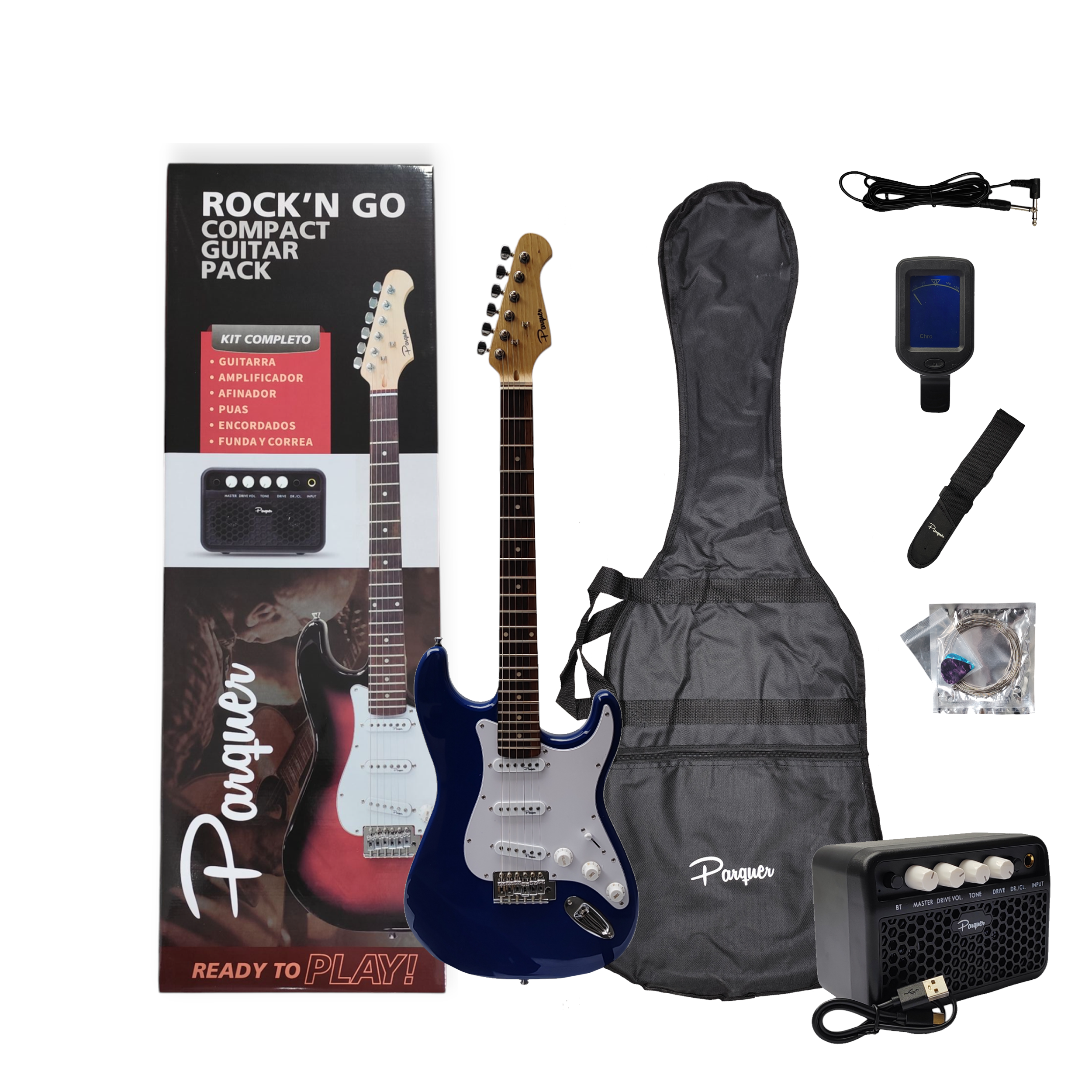 Combo Guitarra Electrica Strato Azul Parquer Amplificador 5w