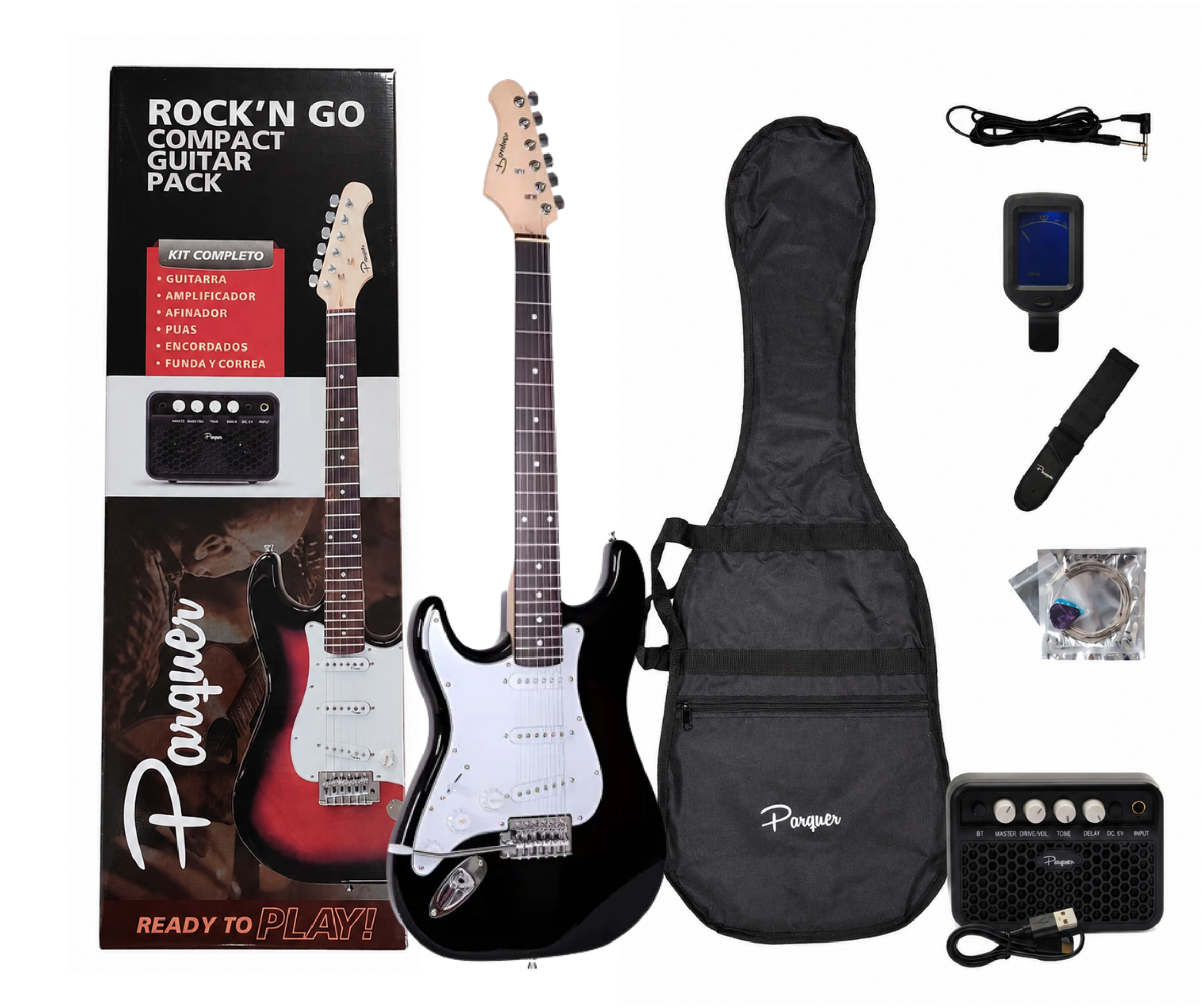 Guitarra Electrica Parquer Stratocaster Negro Para Zurdos C/ Funda